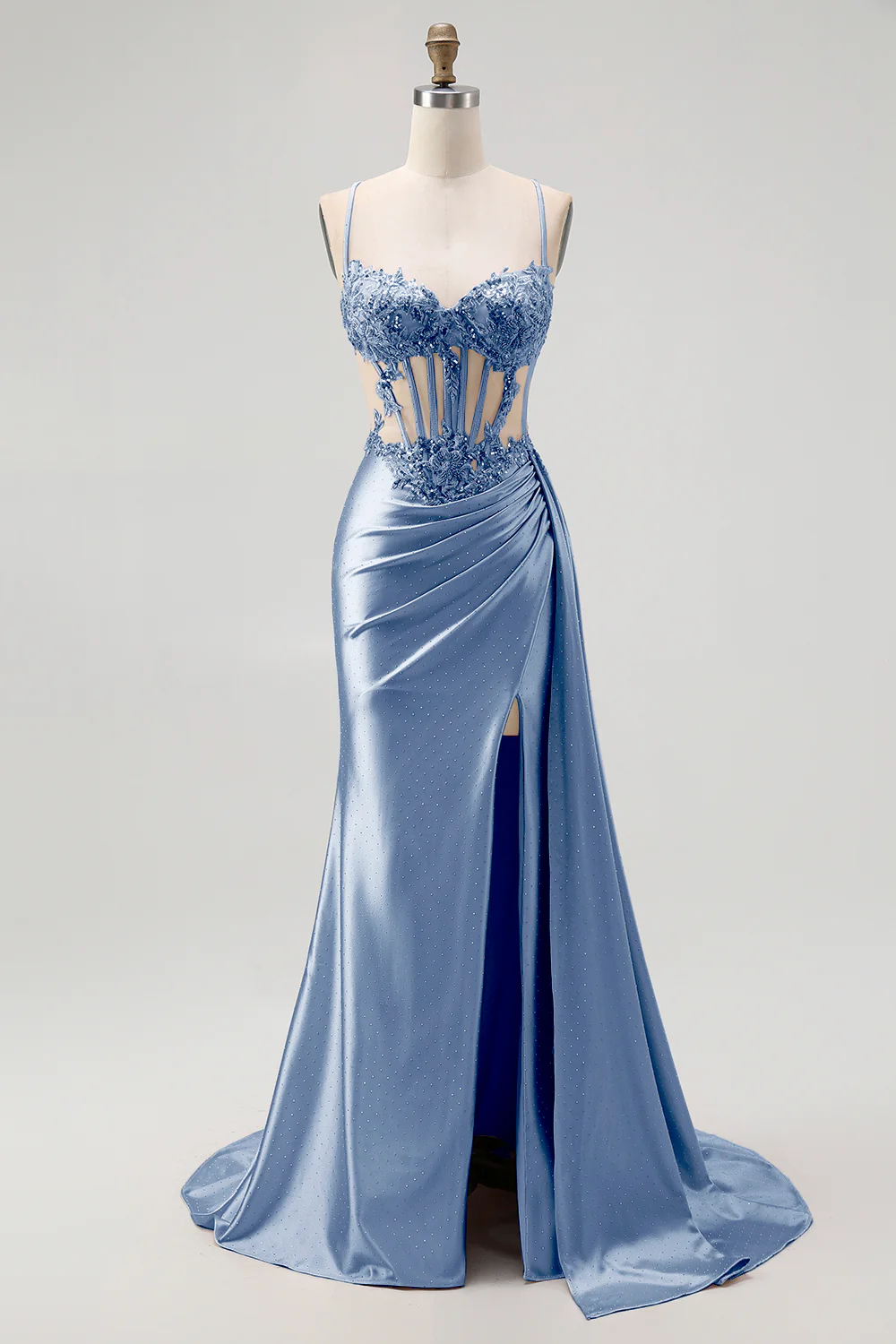Champagne Mermaid Corset Beaded Satin Long Prom Dress with Slit - Image 17
