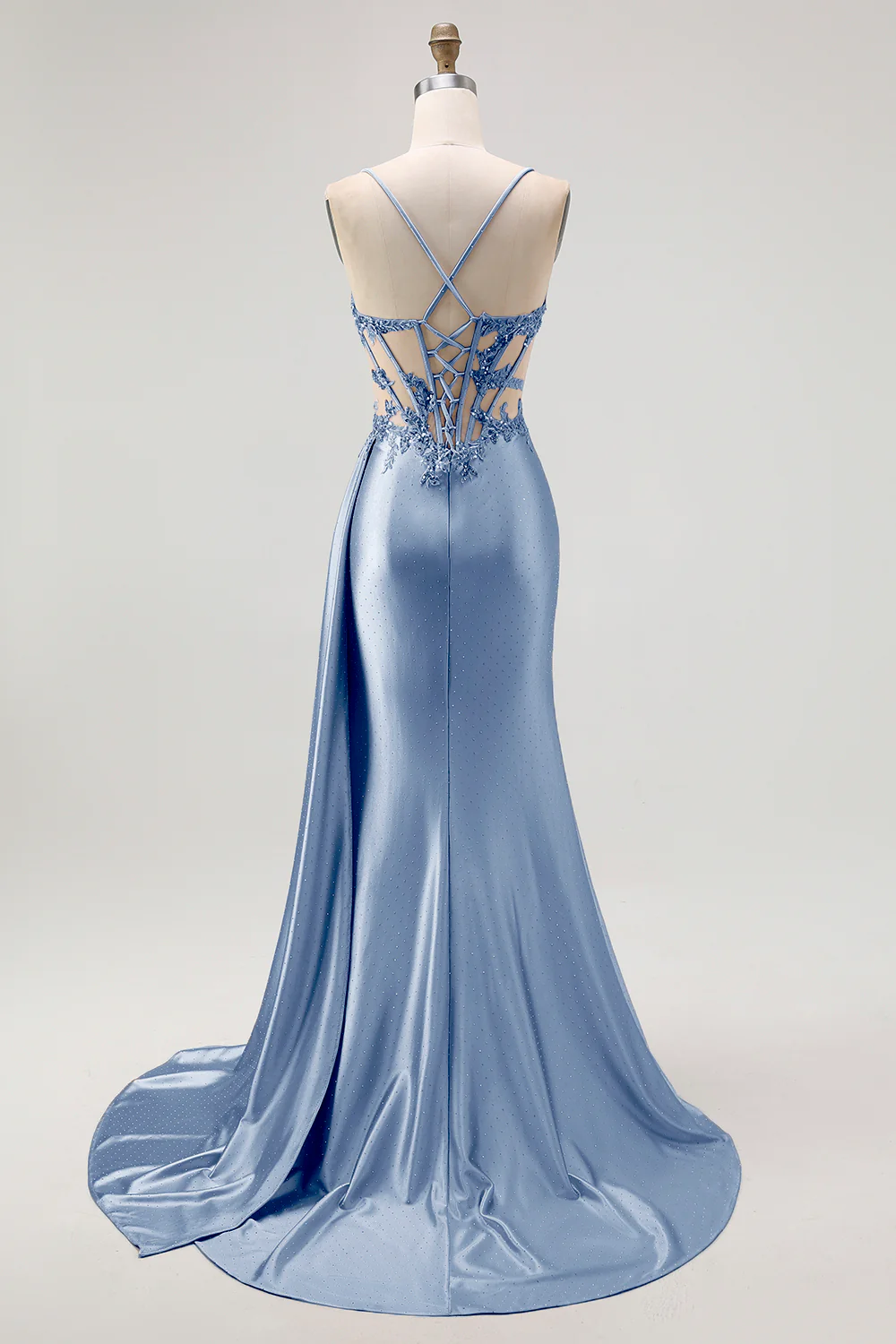 Champagne Mermaid Corset Beaded Satin Long Prom Dress with Slit - Image 18