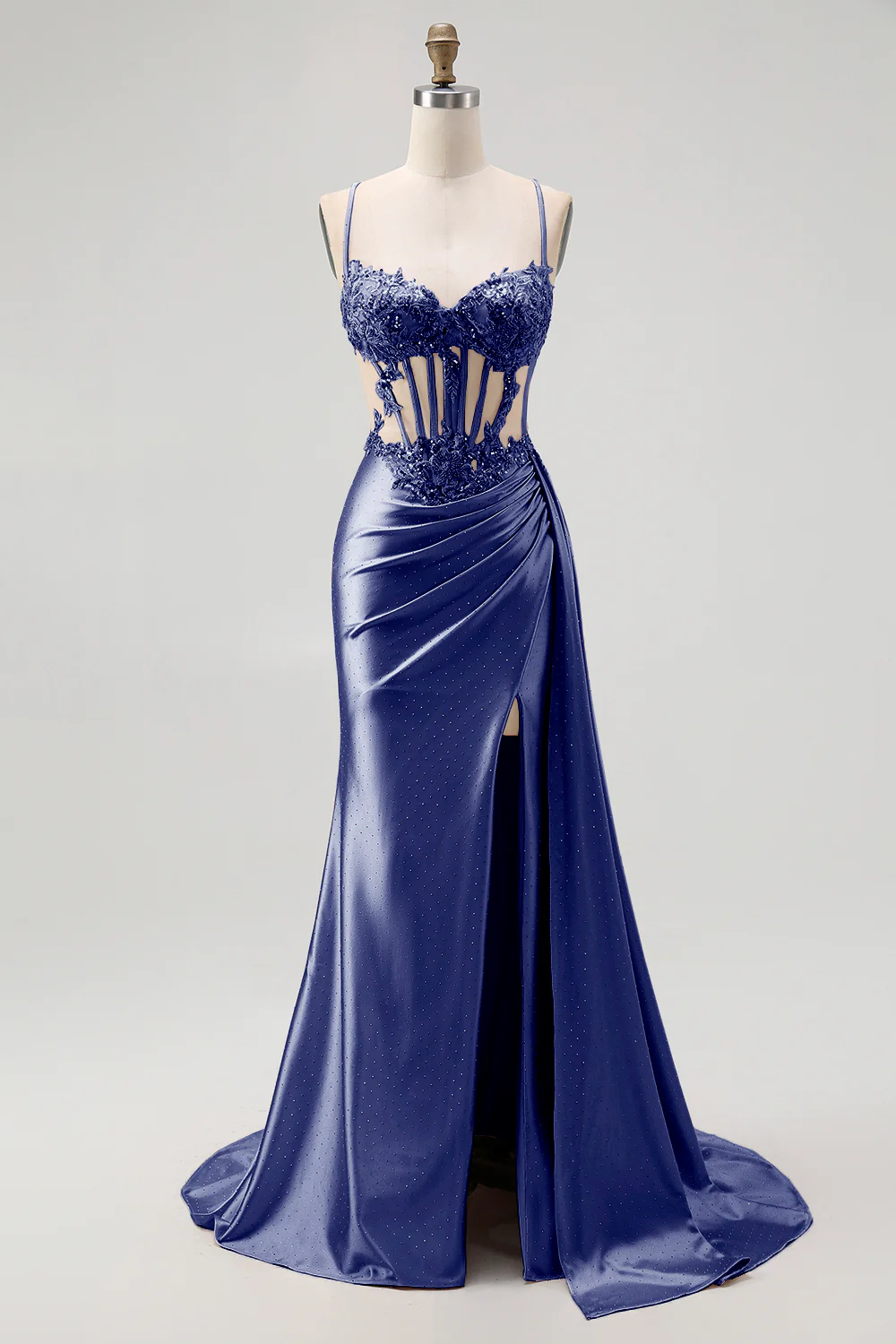 Champagne Mermaid Corset Beaded Satin Long Prom Dress with Slit - Image 19