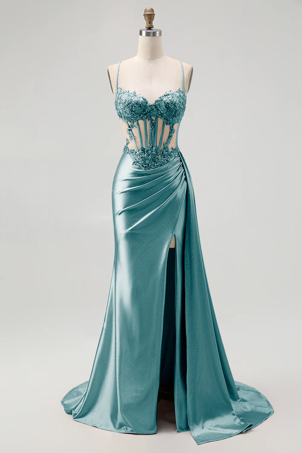 Champagne Mermaid Corset Beaded Satin Long Prom Dress with Slit - Image 21