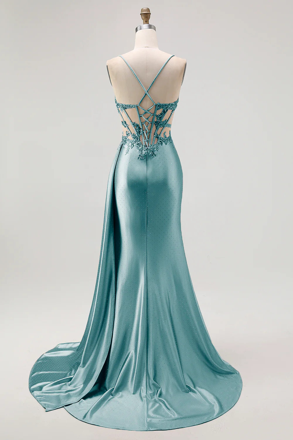 Champagne Mermaid Corset Beaded Satin Long Prom Dress with Slit - Image 22