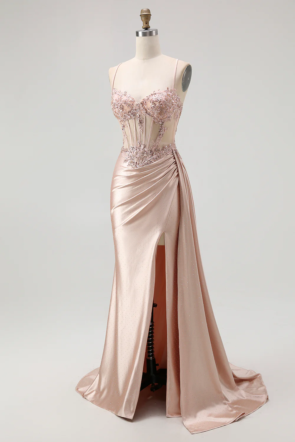 Champagne Mermaid Corset Beaded Satin Long Prom Dress with Slit - Image 5