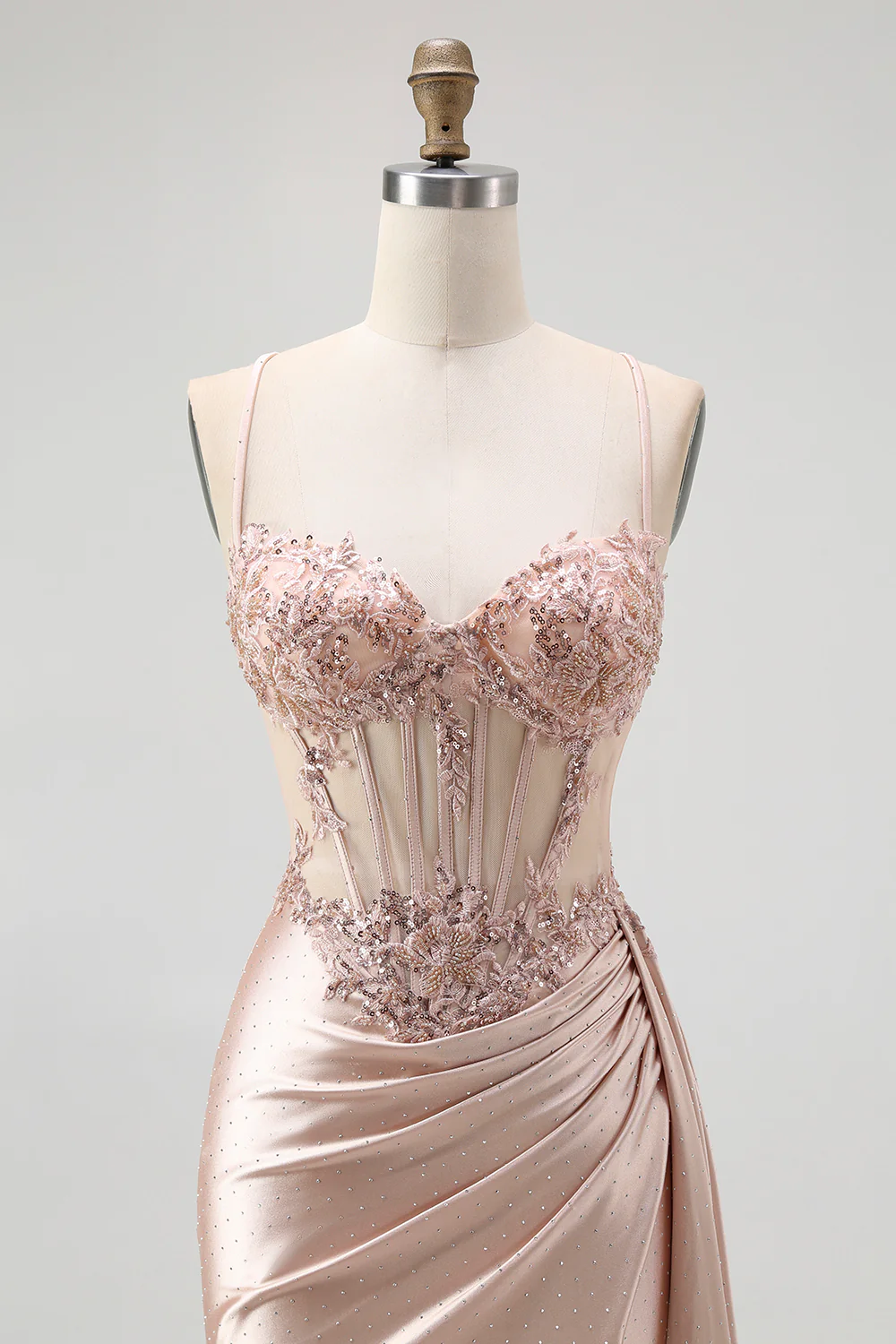 Champagne Mermaid Corset Beaded Satin Long Prom Dress with Slit - Image 6