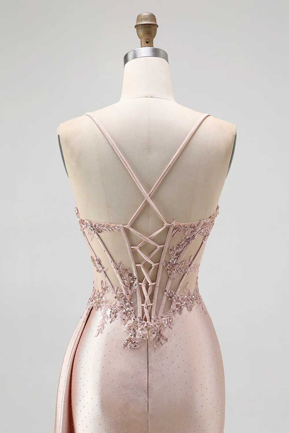 Champagne Mermaid Corset Beaded Satin Long Prom Dress with Slit - Image 7