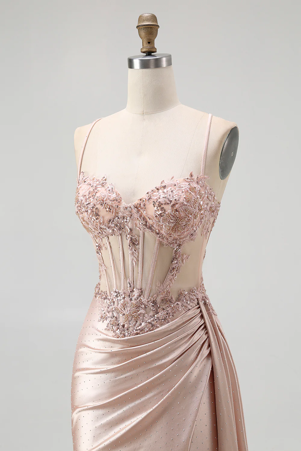 Champagne Mermaid Corset Beaded Satin Long Prom Dress with Slit - Image 8