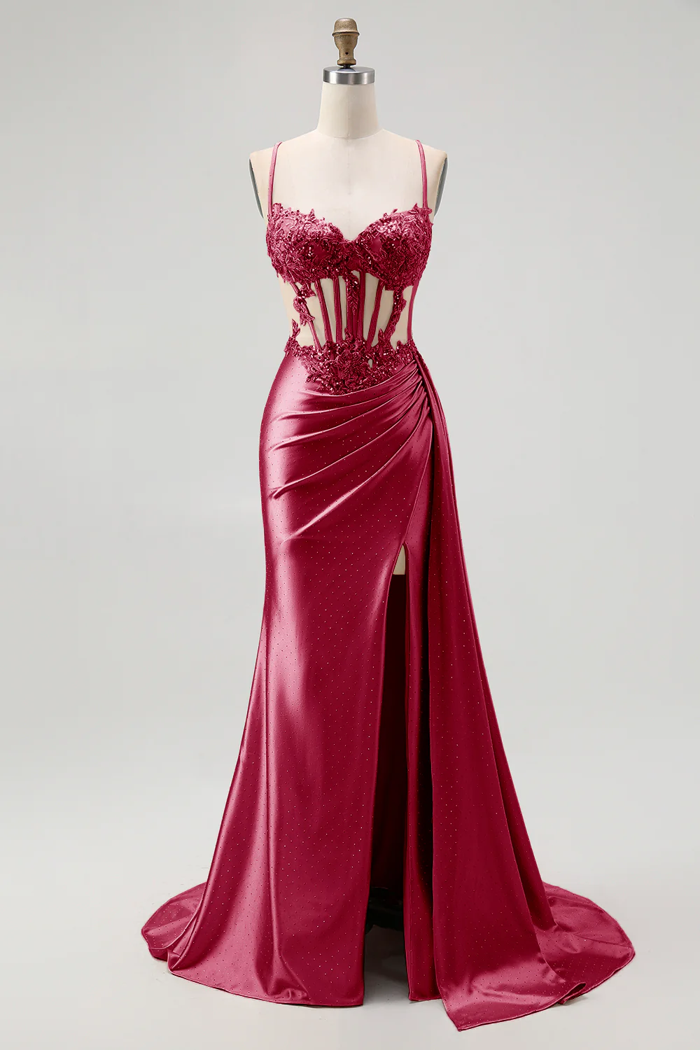 Champagne Mermaid Corset Beaded Satin Long Prom Dress with Slit - Image 9
