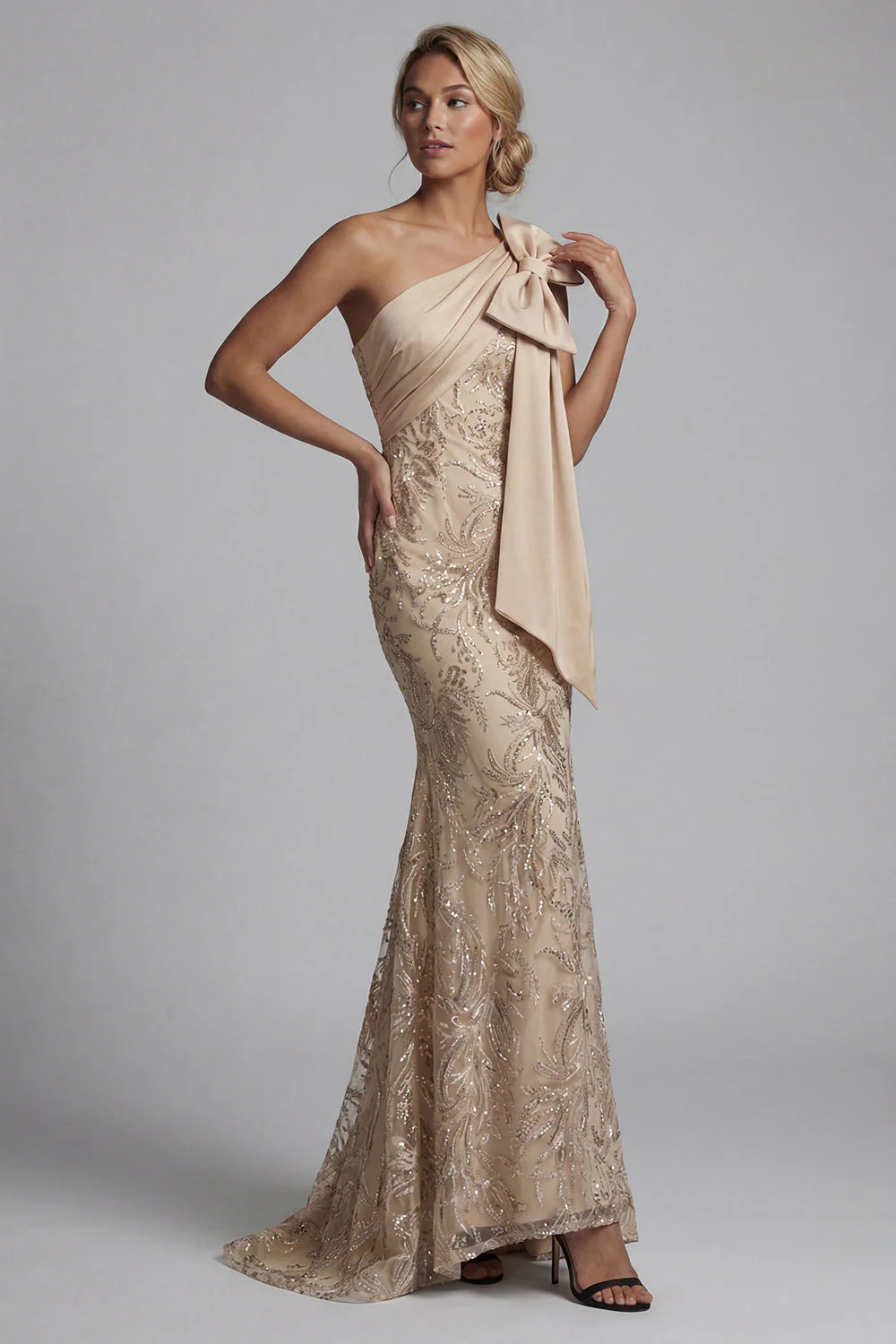 Champagne One Shoulder Mermaid Appliqued Mother of the Bride Dress - Image 3