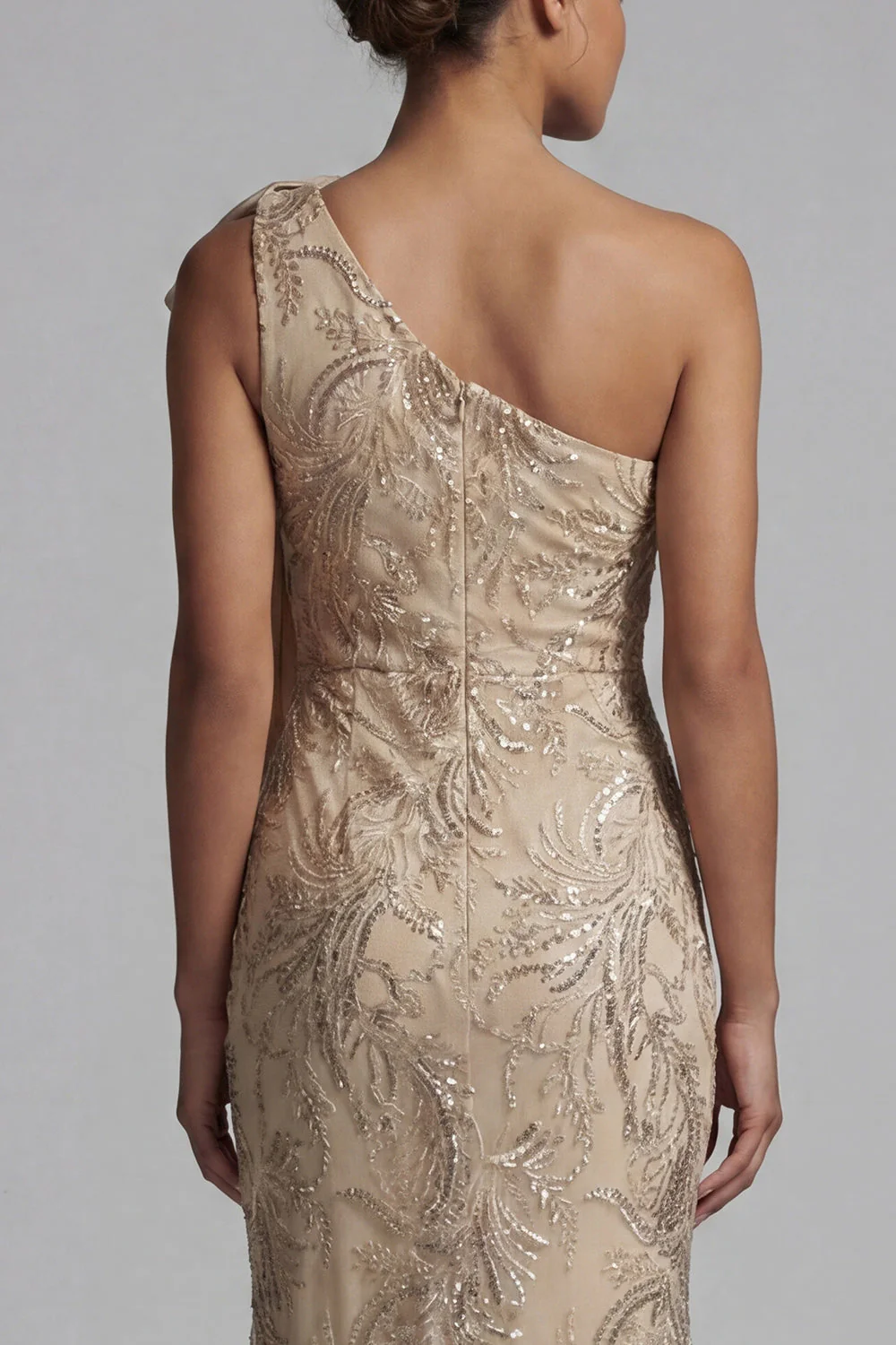 Champagne One Shoulder Mermaid Appliqued Mother of the Bride Dress - Image 5