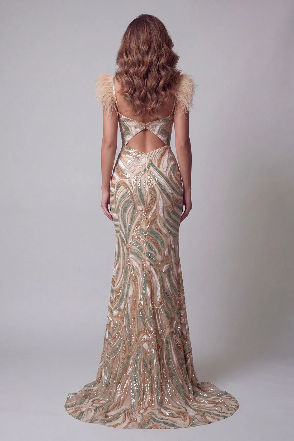 Champagne Mermaid Sequin Side Slit Evening Dress with Feathers - Image 2