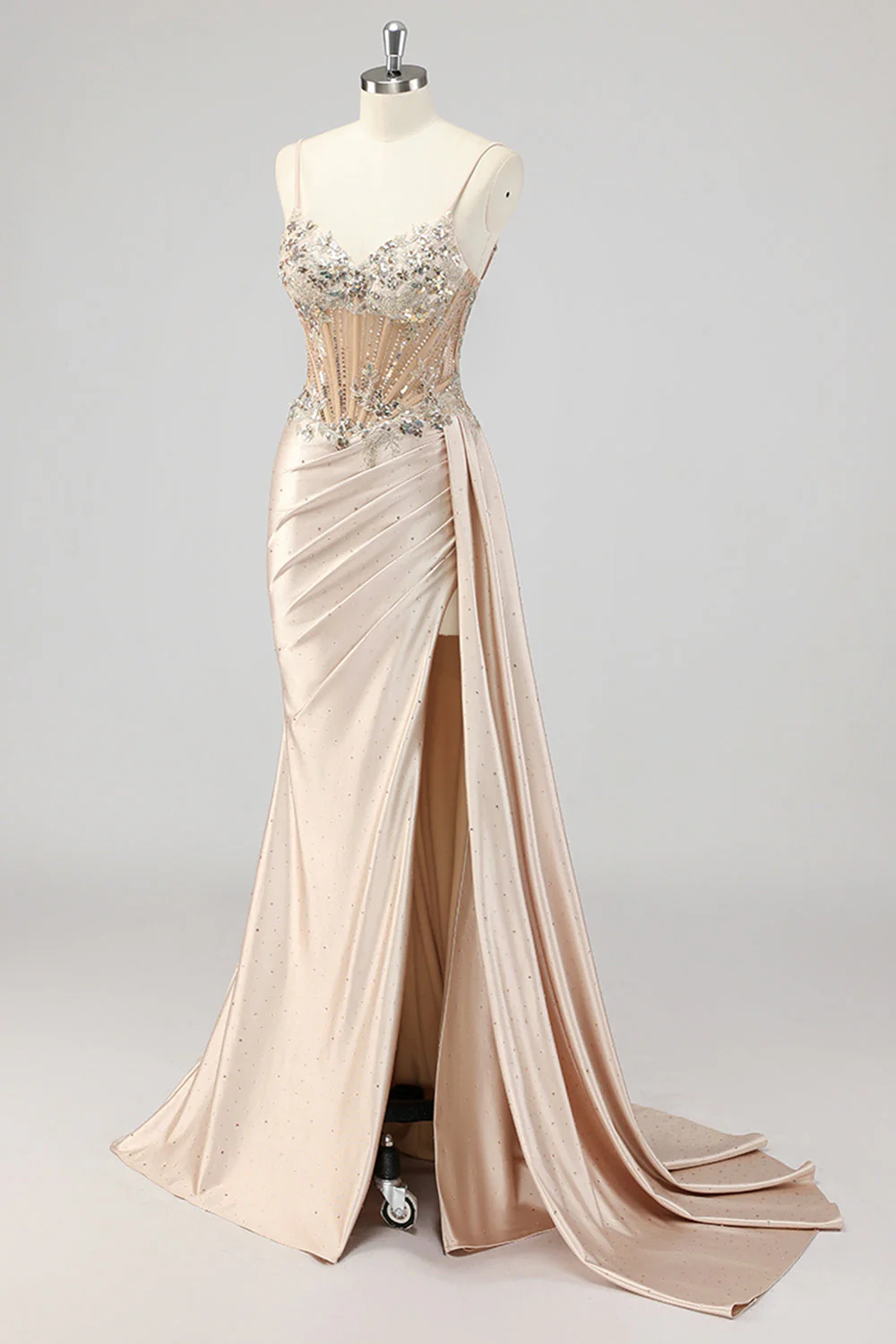 Champagne Mermaid Sequins Side Streamer Corset Prom Dress with Slit - Image 3