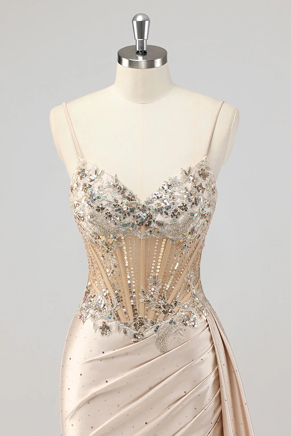 Champagne Mermaid Sequins Side Streamer Corset Prom Dress with Slit - Image 4
