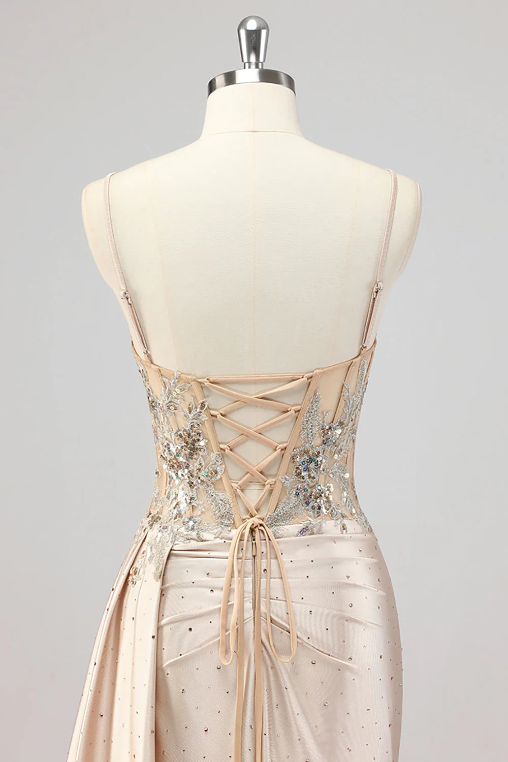 Champagne Mermaid Sequins Side Streamer Corset Prom Dress with Slit - Image 5