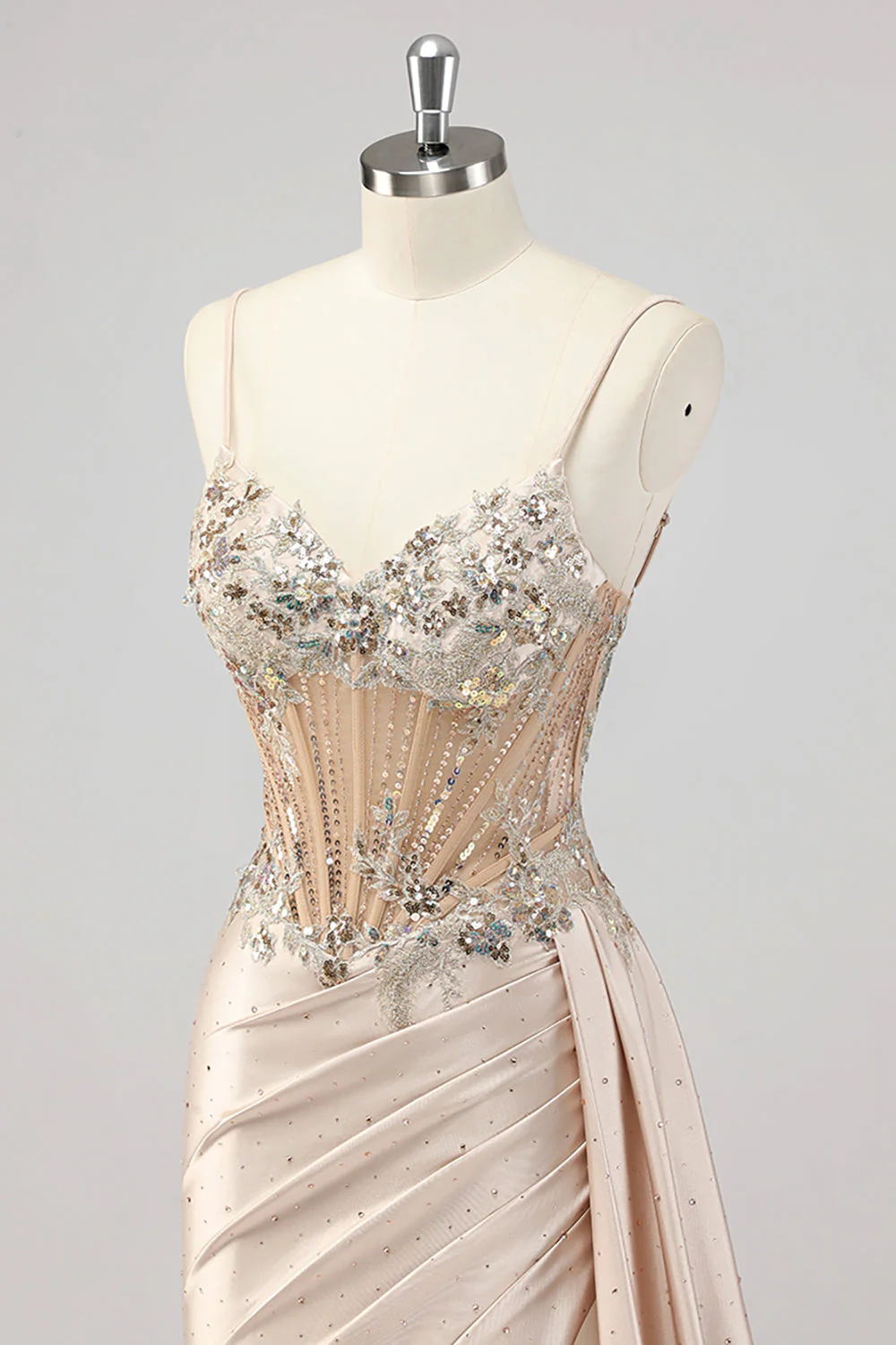 Champagne Mermaid Sequins Side Streamer Corset Prom Dress with Slit - Image 6