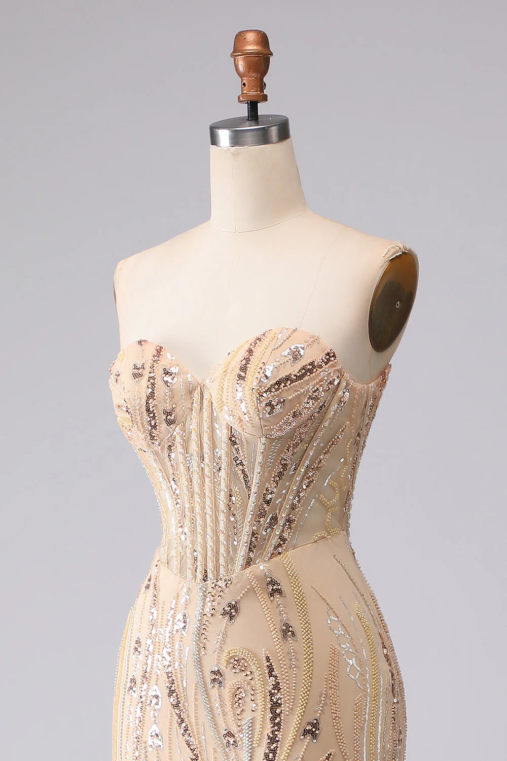 Champagne Mermaid Strapless Beaded Sequin Long Prom Dress with Lace Up Back - Image 10