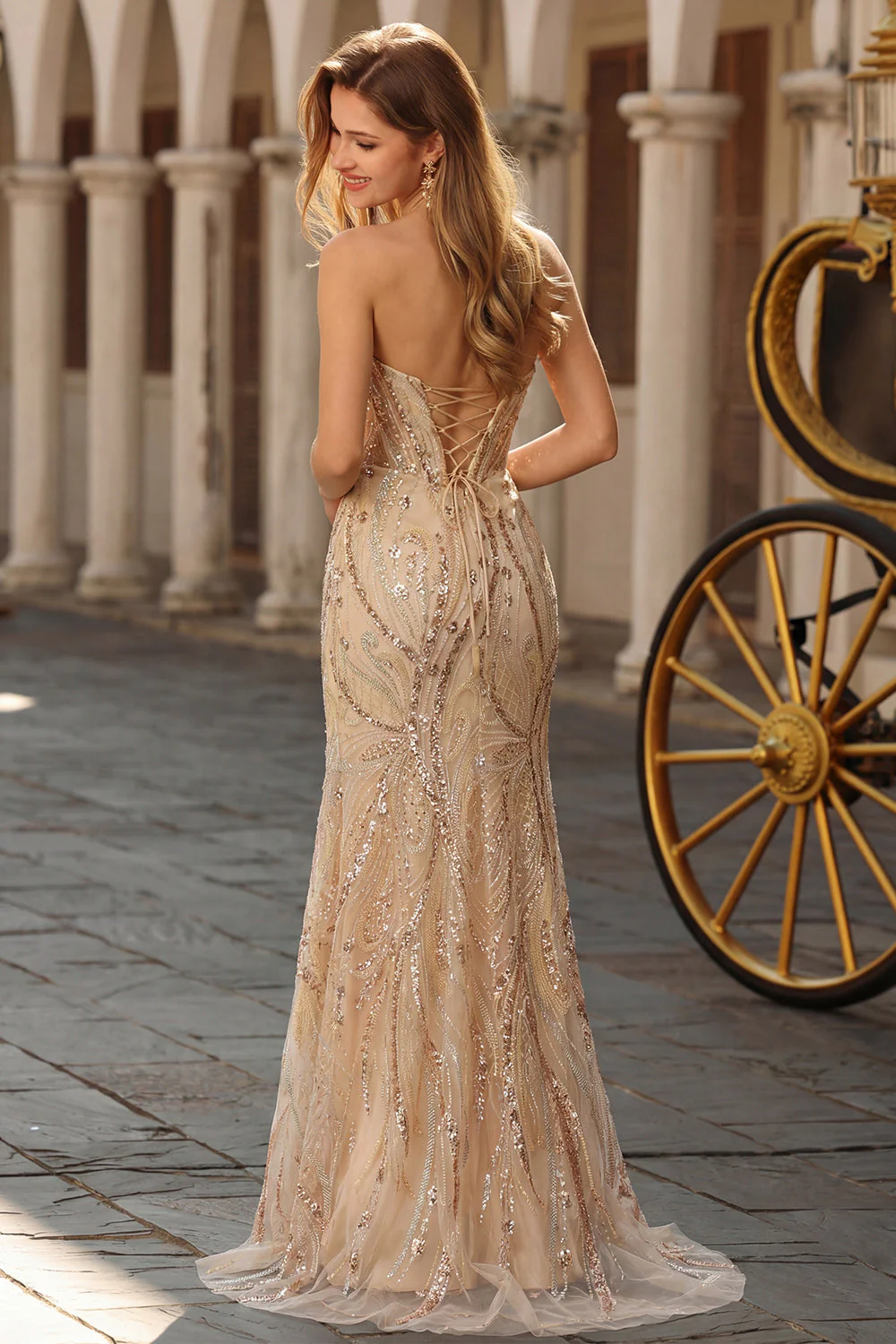 Champagne Mermaid Strapless Beaded Sequin Long Prom Dress with Lace Up Back - Image 2