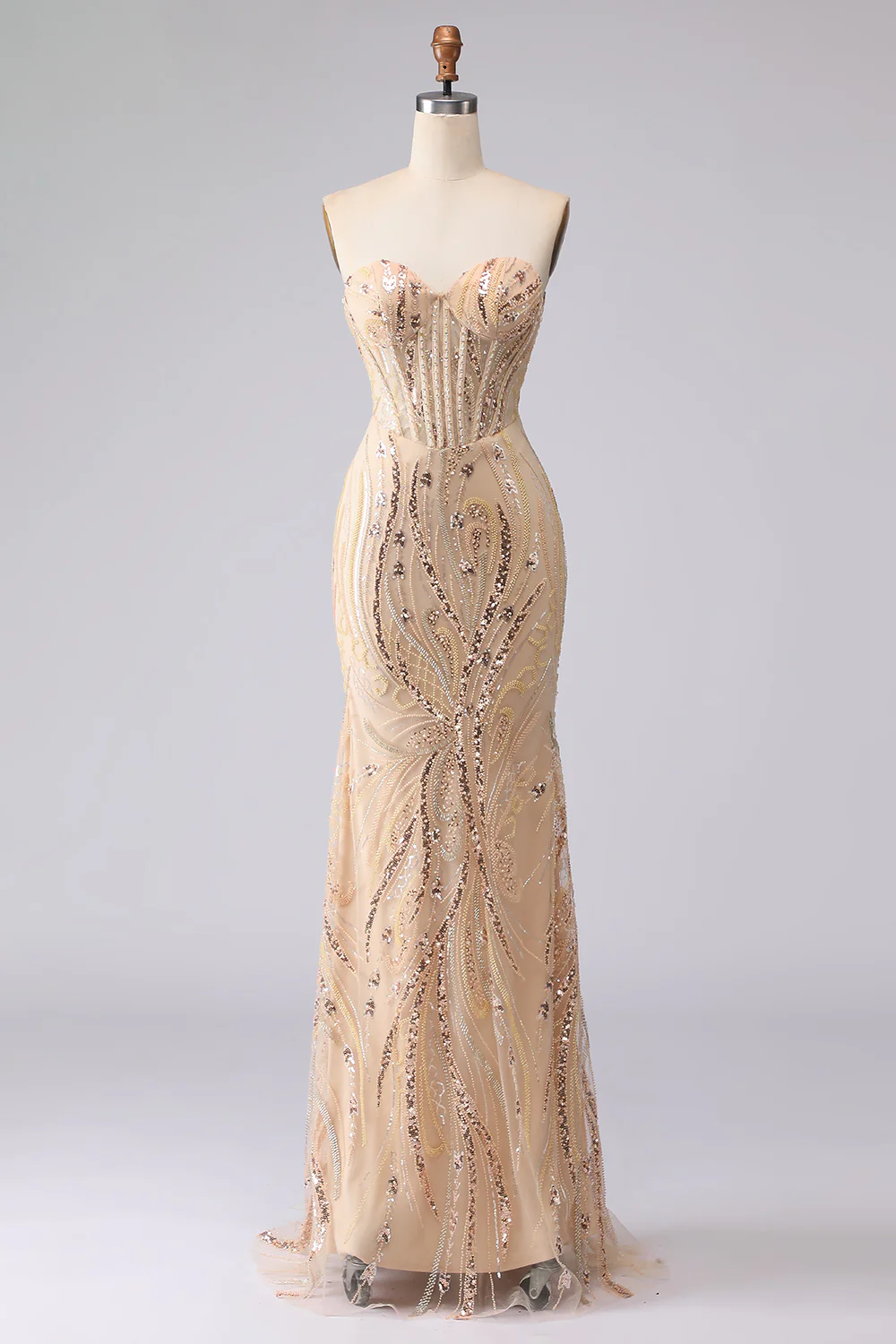 Champagne Mermaid Strapless Beaded Sequin Long Prom Dress with Lace Up Back - Image 5