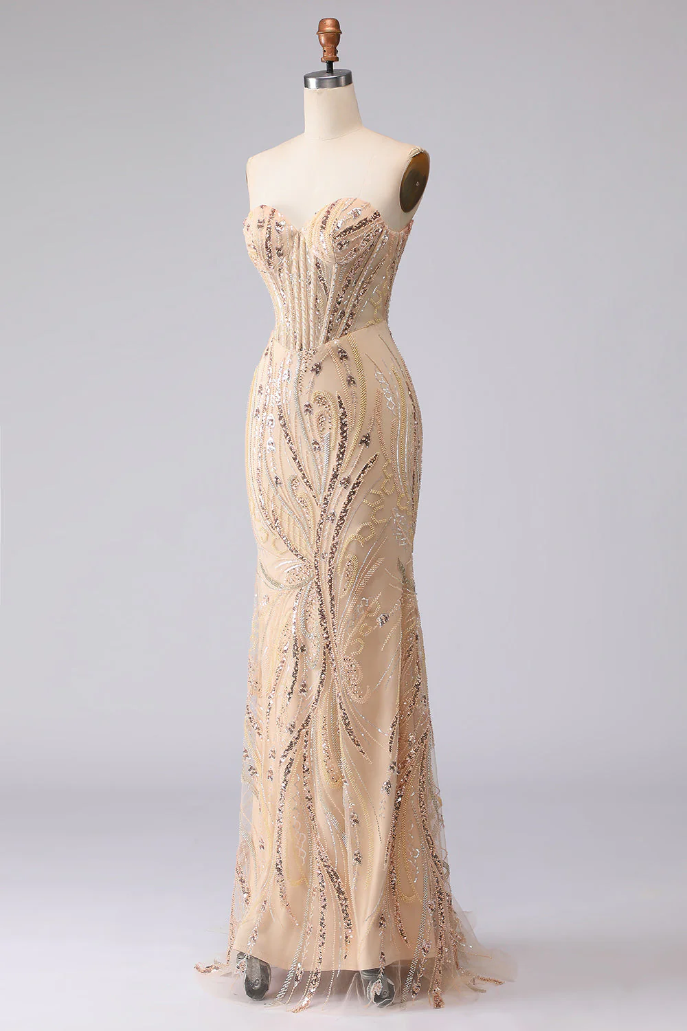 Champagne Mermaid Strapless Beaded Sequin Long Prom Dress with Lace Up Back - Image 6