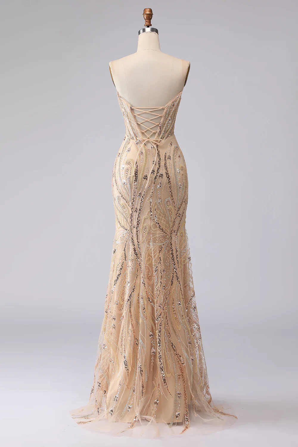 Champagne Mermaid Strapless Beaded Sequin Long Prom Dress with Lace Up Back - Image 7