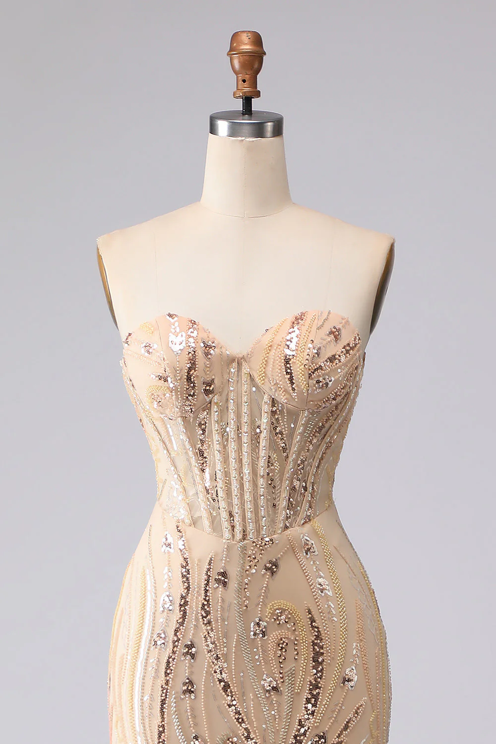 Champagne Mermaid Strapless Beaded Sequin Long Prom Dress with Lace Up Back - Image 8