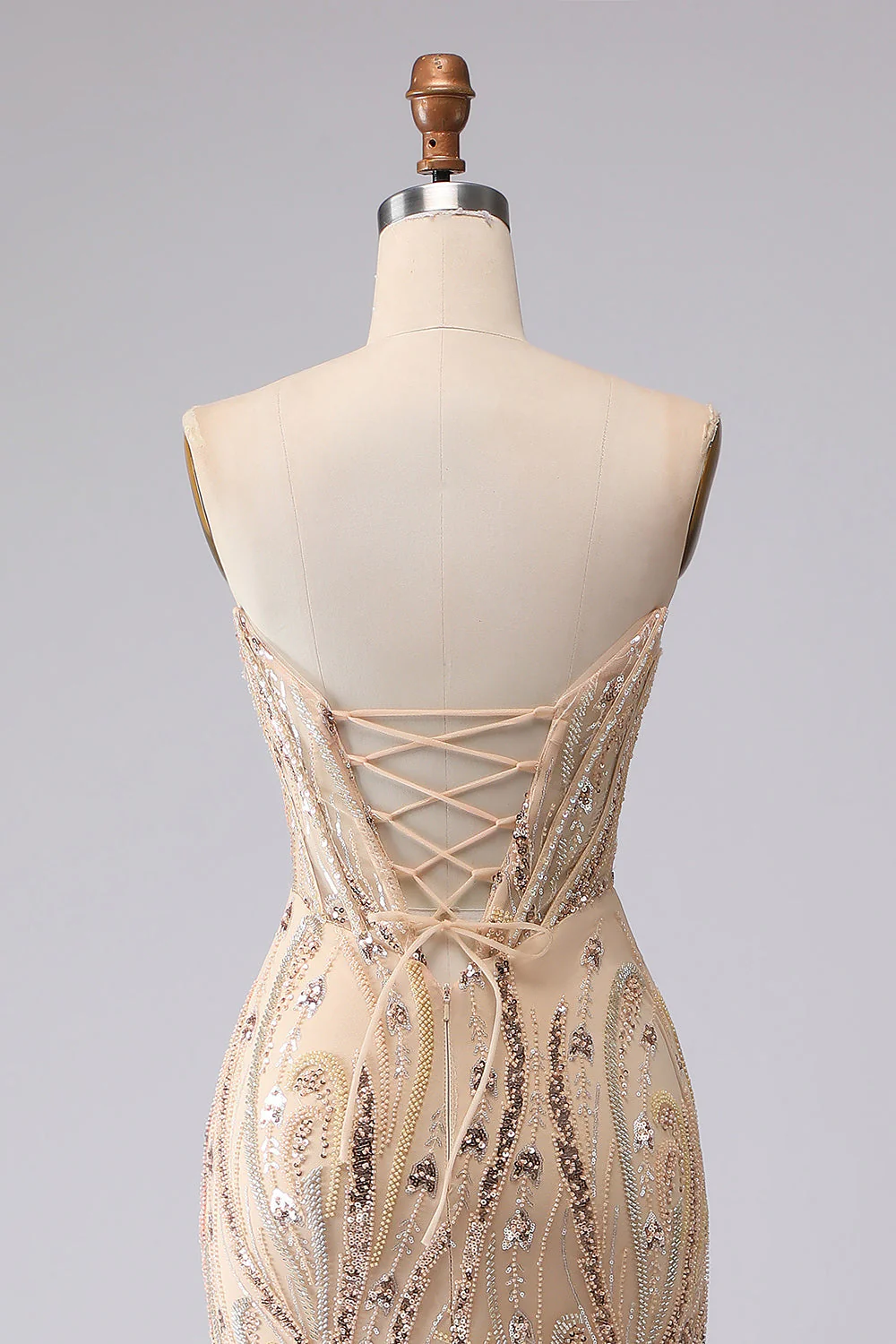 Champagne Mermaid Strapless Beaded Sequin Long Prom Dress with Lace Up Back - Image 9