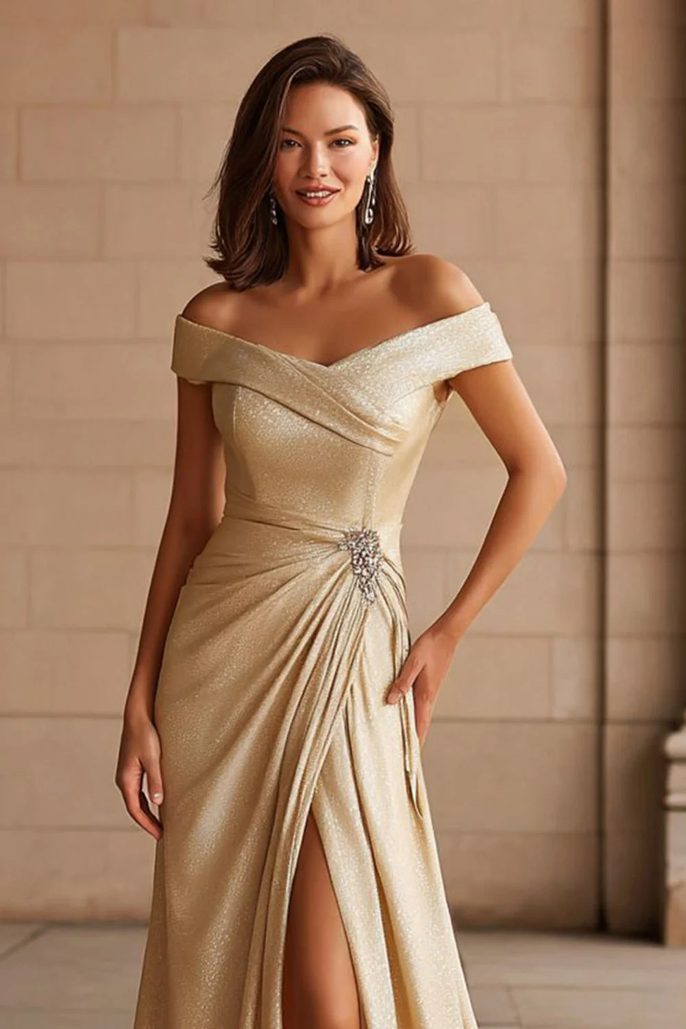 Champagne Metallic Off the Shoulder Long Mother of the Bride Dress with Slit - Image 2