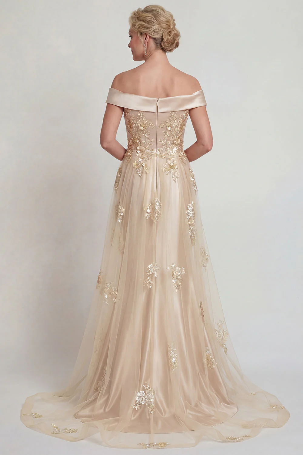 Champagne Off the Shoulder Satin Mermaid Mother of the Bride Dress with Appliques - Image 2