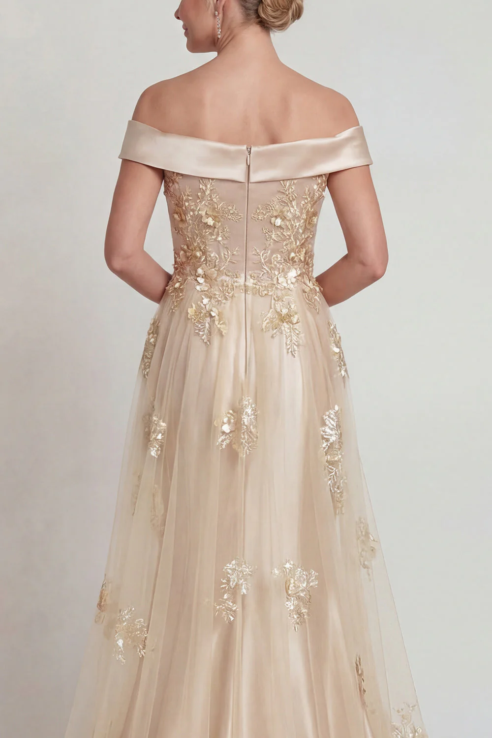 Champagne Off the Shoulder Satin Mermaid Mother of the Bride Dress with Appliques - Image 3