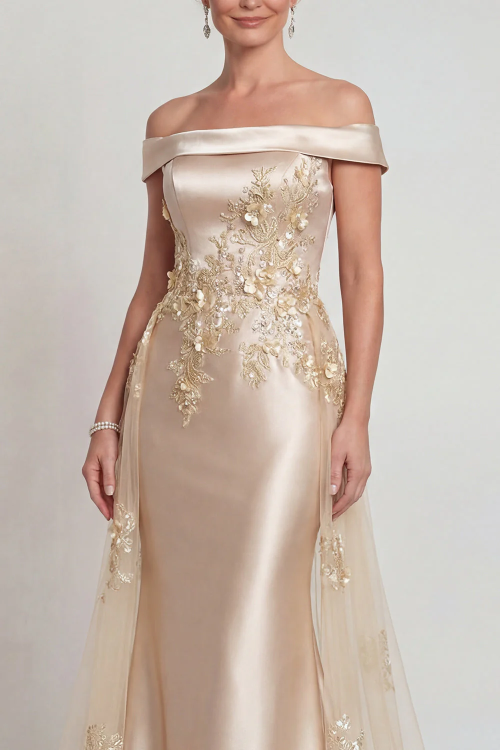 Champagne Off the Shoulder Satin Mermaid Mother of the Bride Dress with Appliques - Image 4