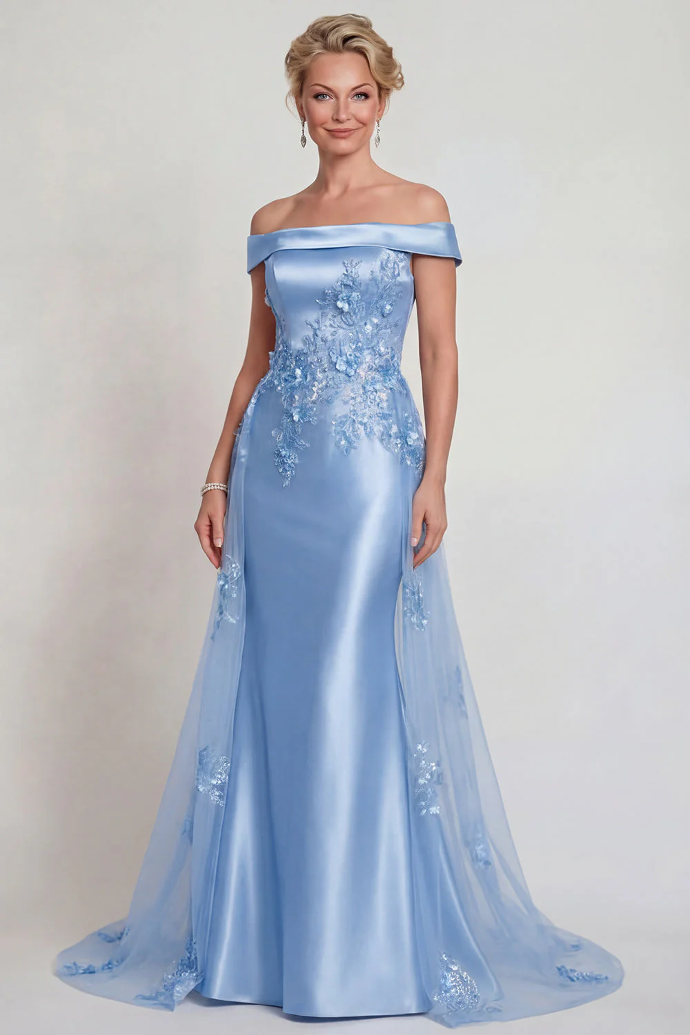 Champagne Off the Shoulder Satin Mermaid Mother of the Bride Dress with Appliques - Image 5