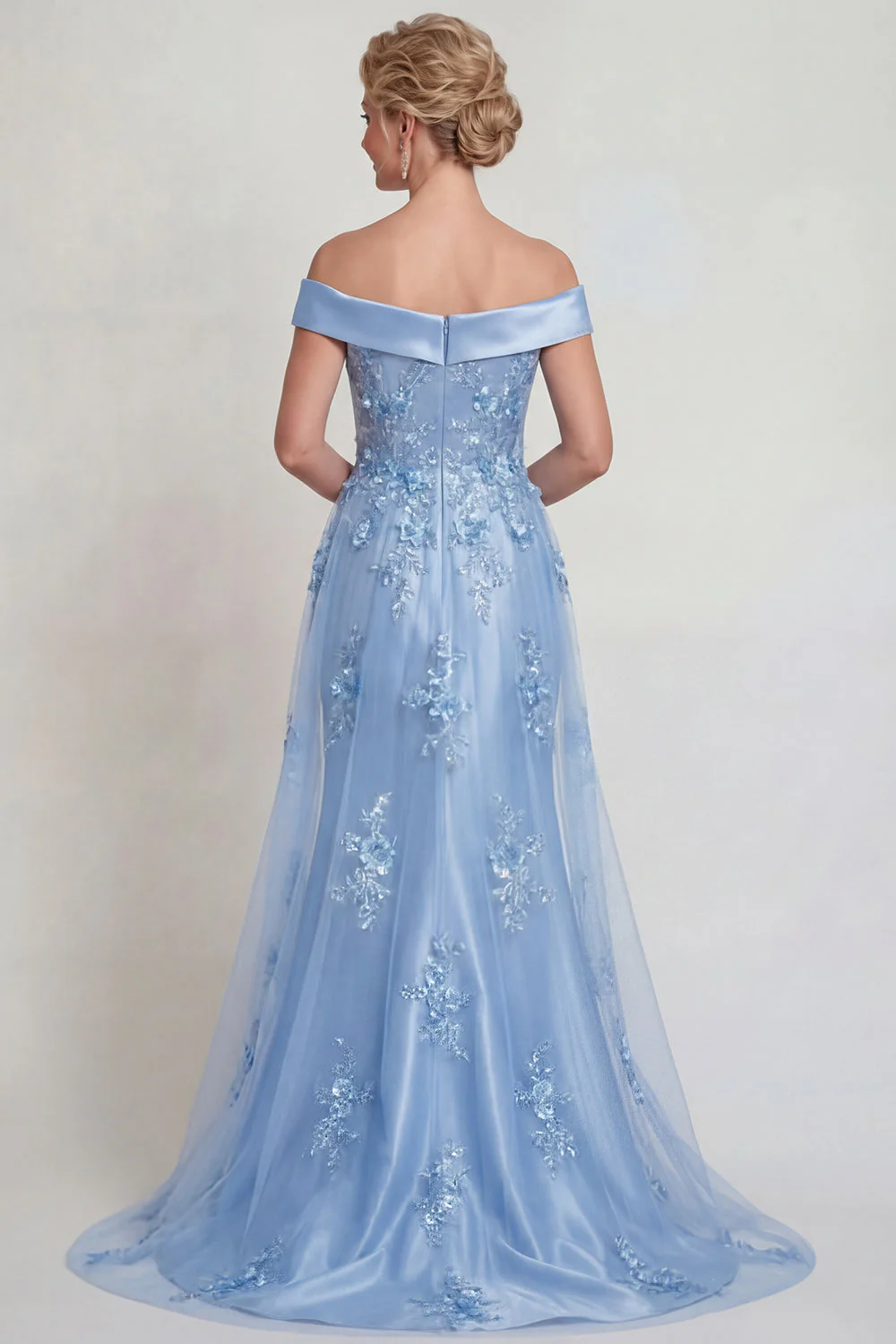 Champagne Off the Shoulder Satin Mermaid Mother of the Bride Dress with Appliques - Image 6