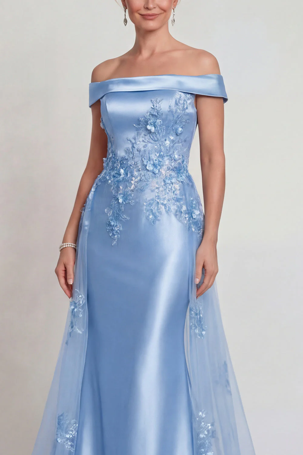 Champagne Off the Shoulder Satin Mermaid Mother of the Bride Dress with Appliques - Image 7