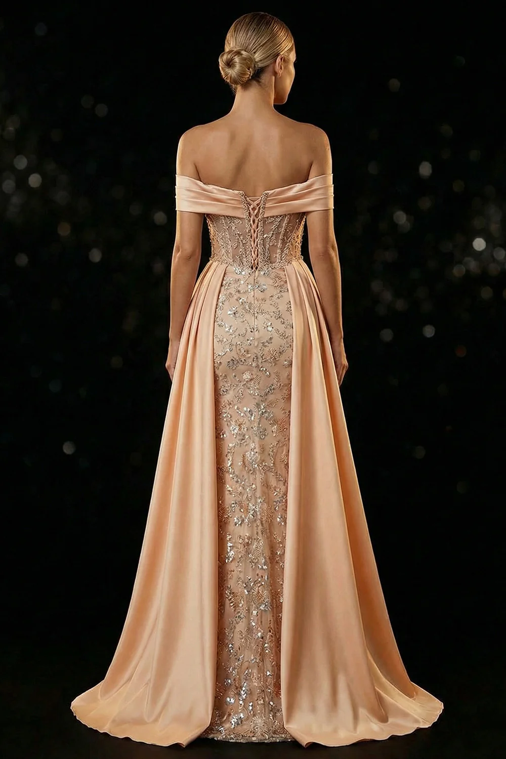 Champagne Off The Shoulder Corset Mermaid Sequin Long Evening Dress with Slit - Image 2