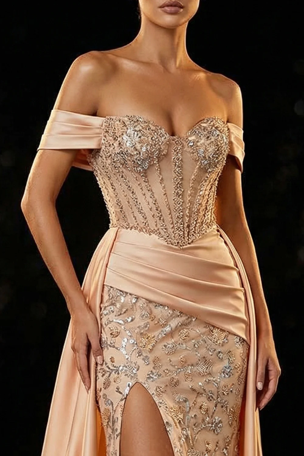 Champagne Off The Shoulder Corset Mermaid Sequin Long Evening Dress with Slit - Image 4