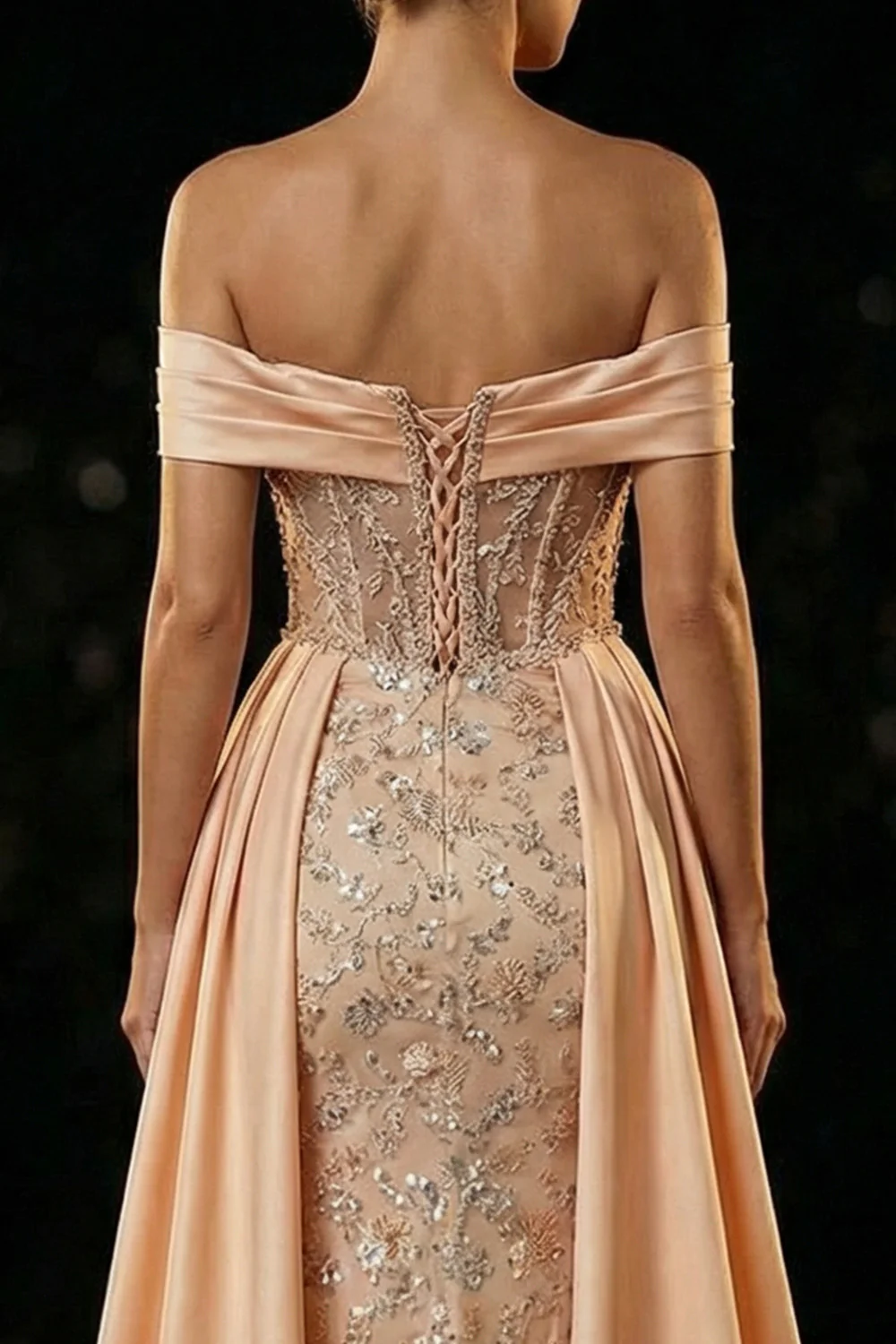 Champagne Off The Shoulder Corset Mermaid Sequin Long Evening Dress with Slit - Image 5