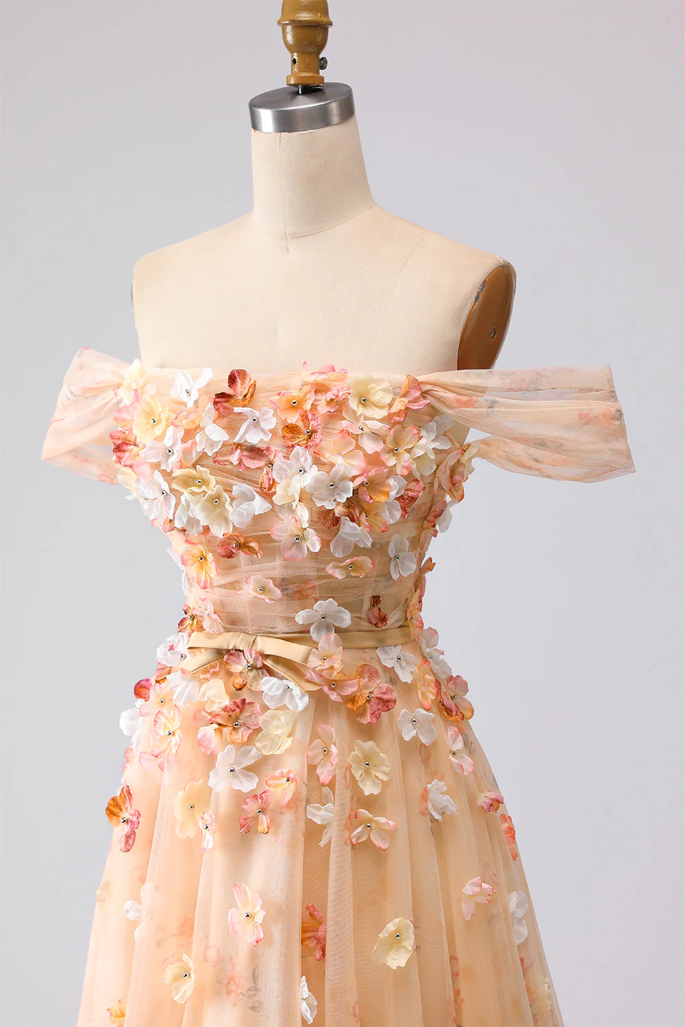Champagne Off The Shoulder Floral A-Line Convertible Long Prom Dress - Image 10