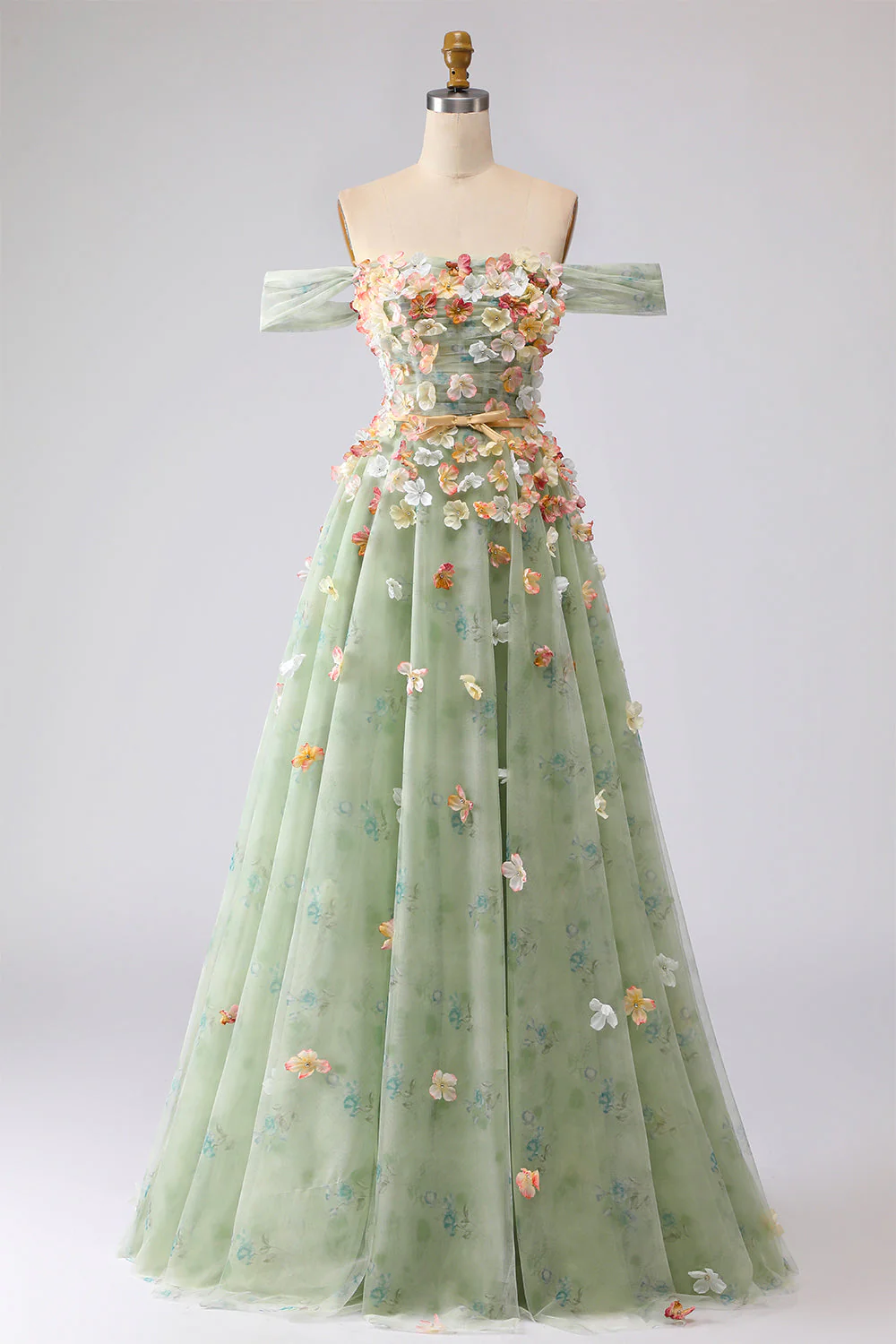Champagne Off The Shoulder Floral A-Line Convertible Long Prom Dress - Image 11
