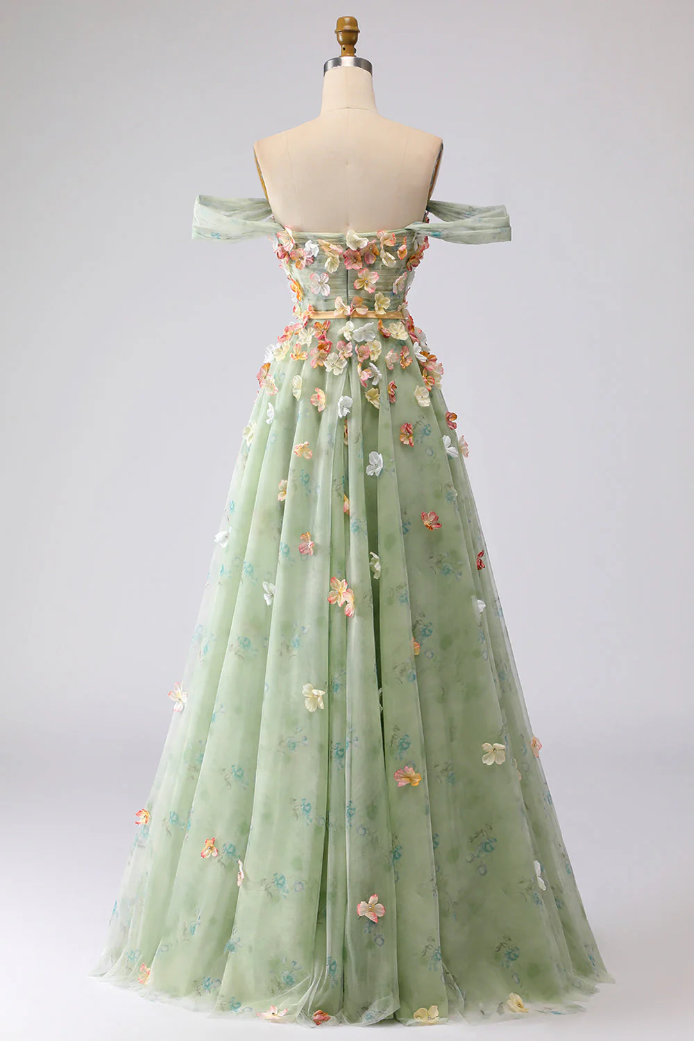 Champagne Off The Shoulder Floral A-Line Convertible Long Prom Dress - Image 12