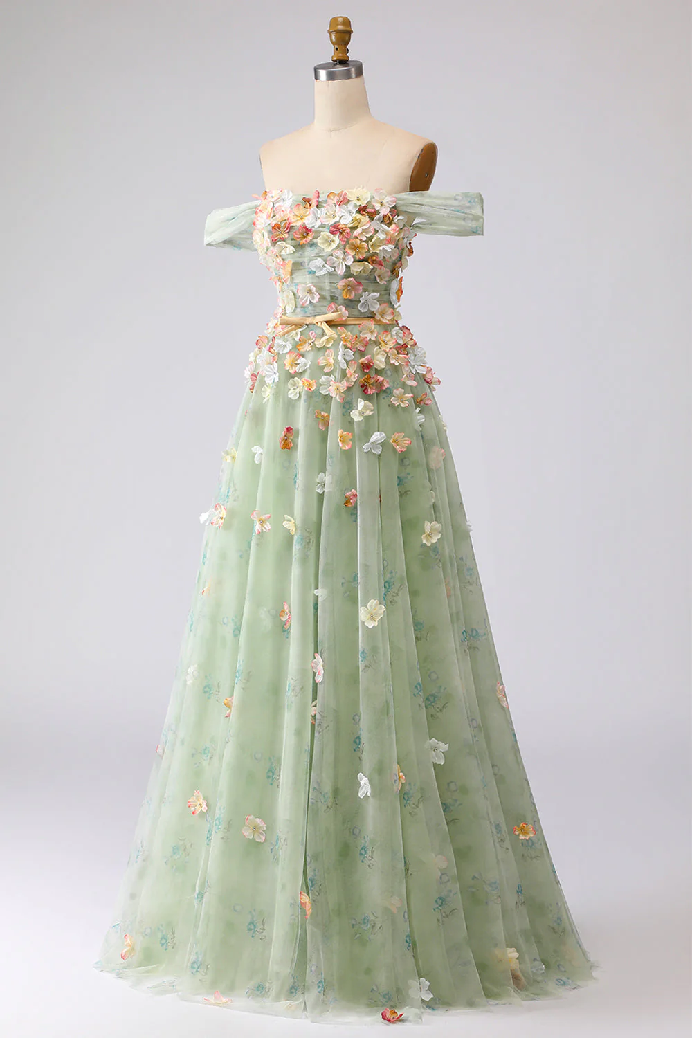 Champagne Off The Shoulder Floral A-Line Convertible Long Prom Dress - Image 13