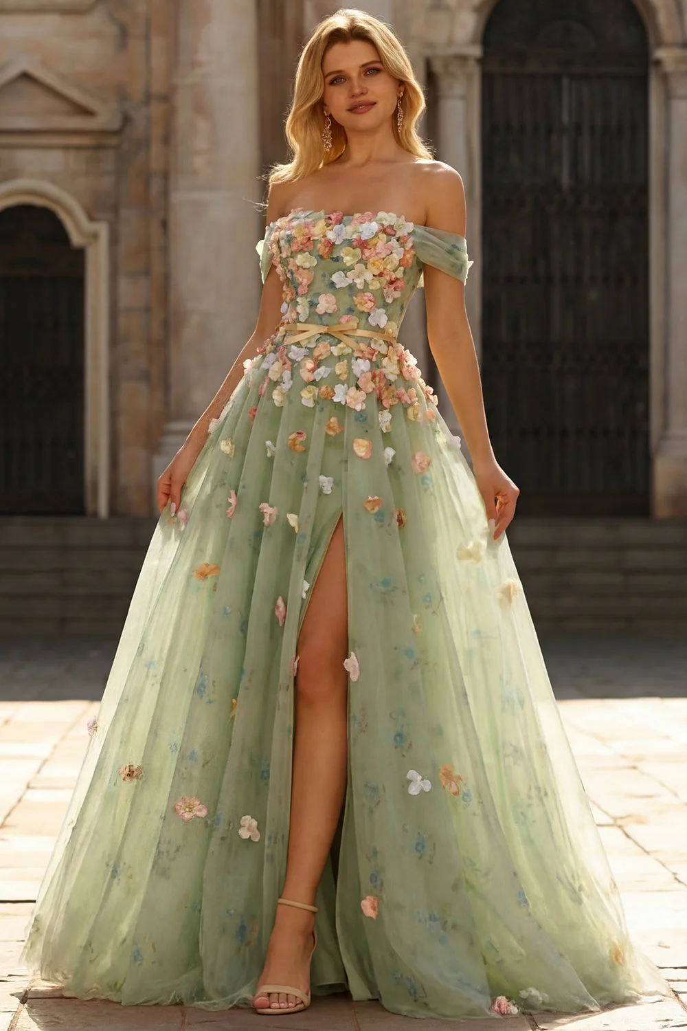 Champagne Off The Shoulder Floral A-Line Convertible Long Prom Dress - Image 14