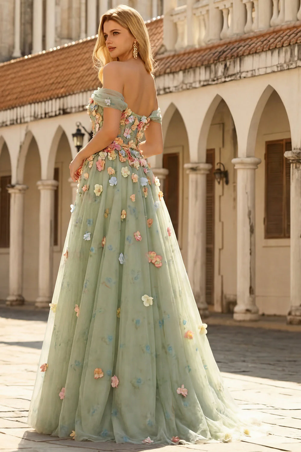 Champagne Off The Shoulder Floral A-Line Convertible Long Prom Dress - Image 15
