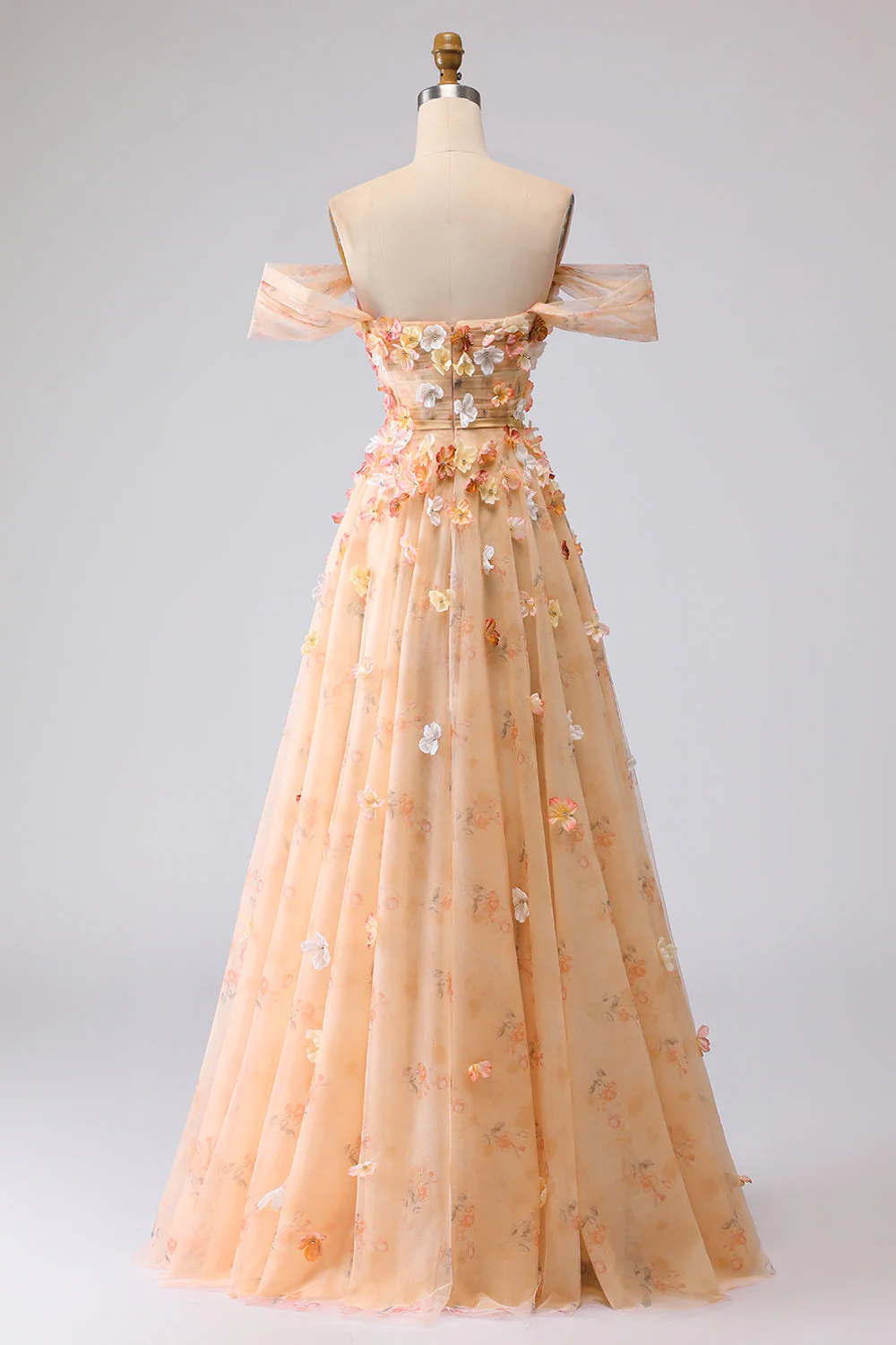 Champagne Off The Shoulder Floral A-Line Convertible Long Prom Dress - Image 2