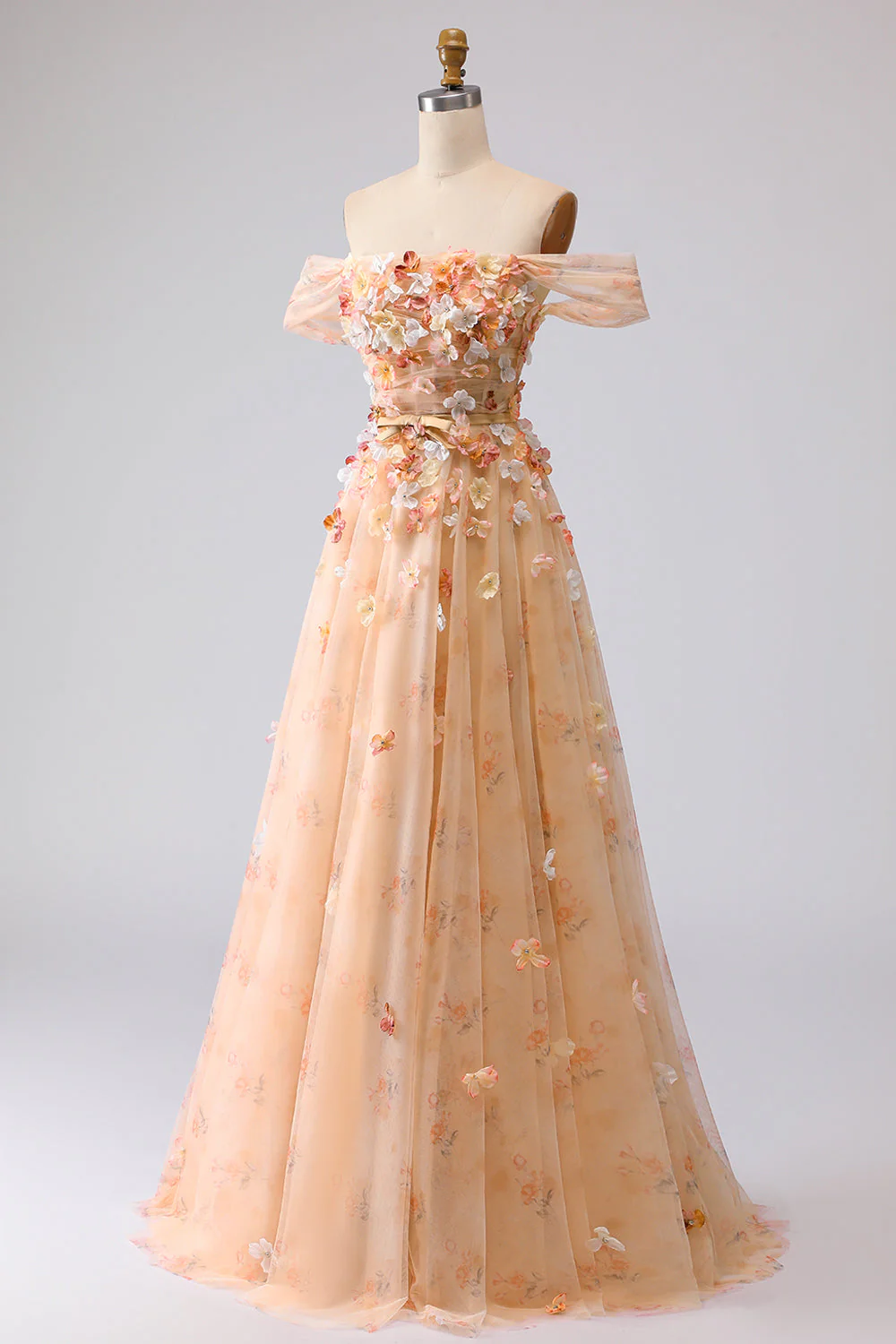 Champagne Off The Shoulder Floral A-Line Convertible Long Prom Dress - Image 3