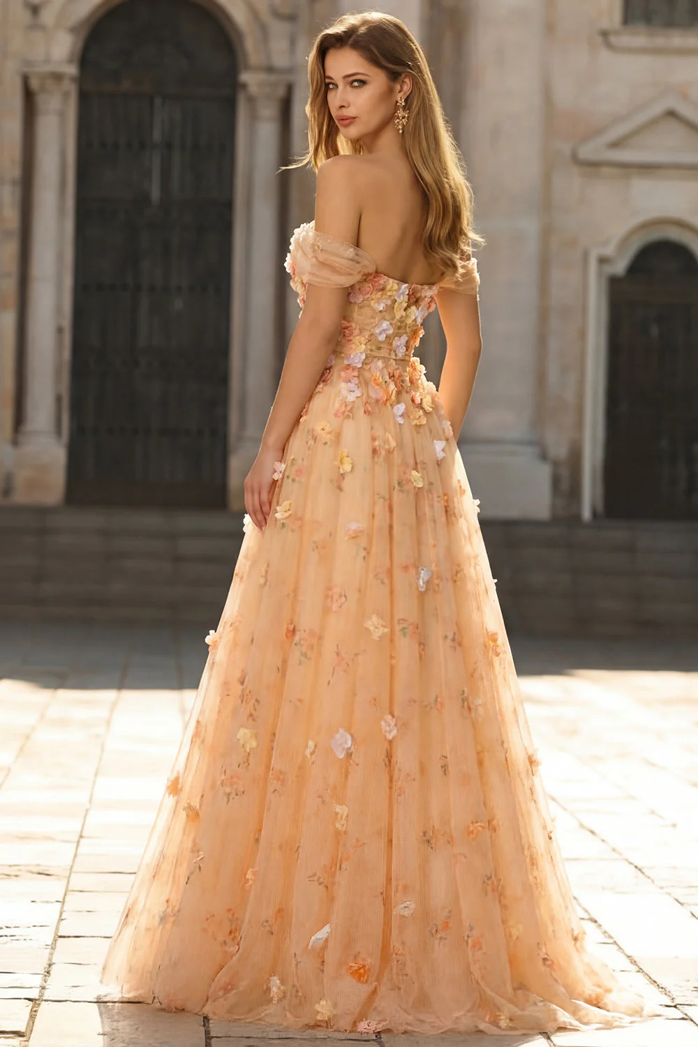Champagne Off The Shoulder Floral A-Line Convertible Long Prom Dress - Image 5