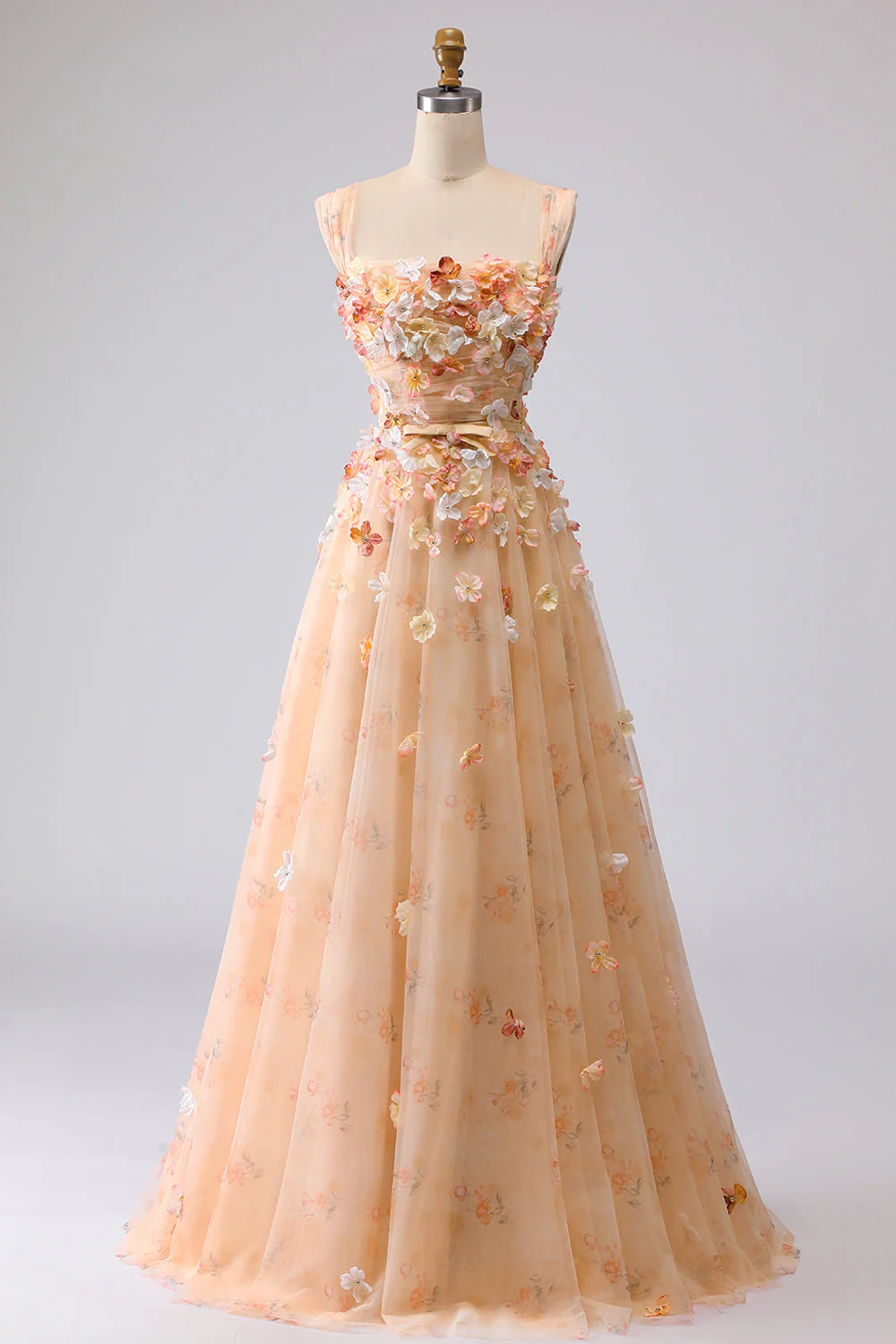 Champagne Off The Shoulder Floral A-Line Convertible Long Prom Dress - Image 6