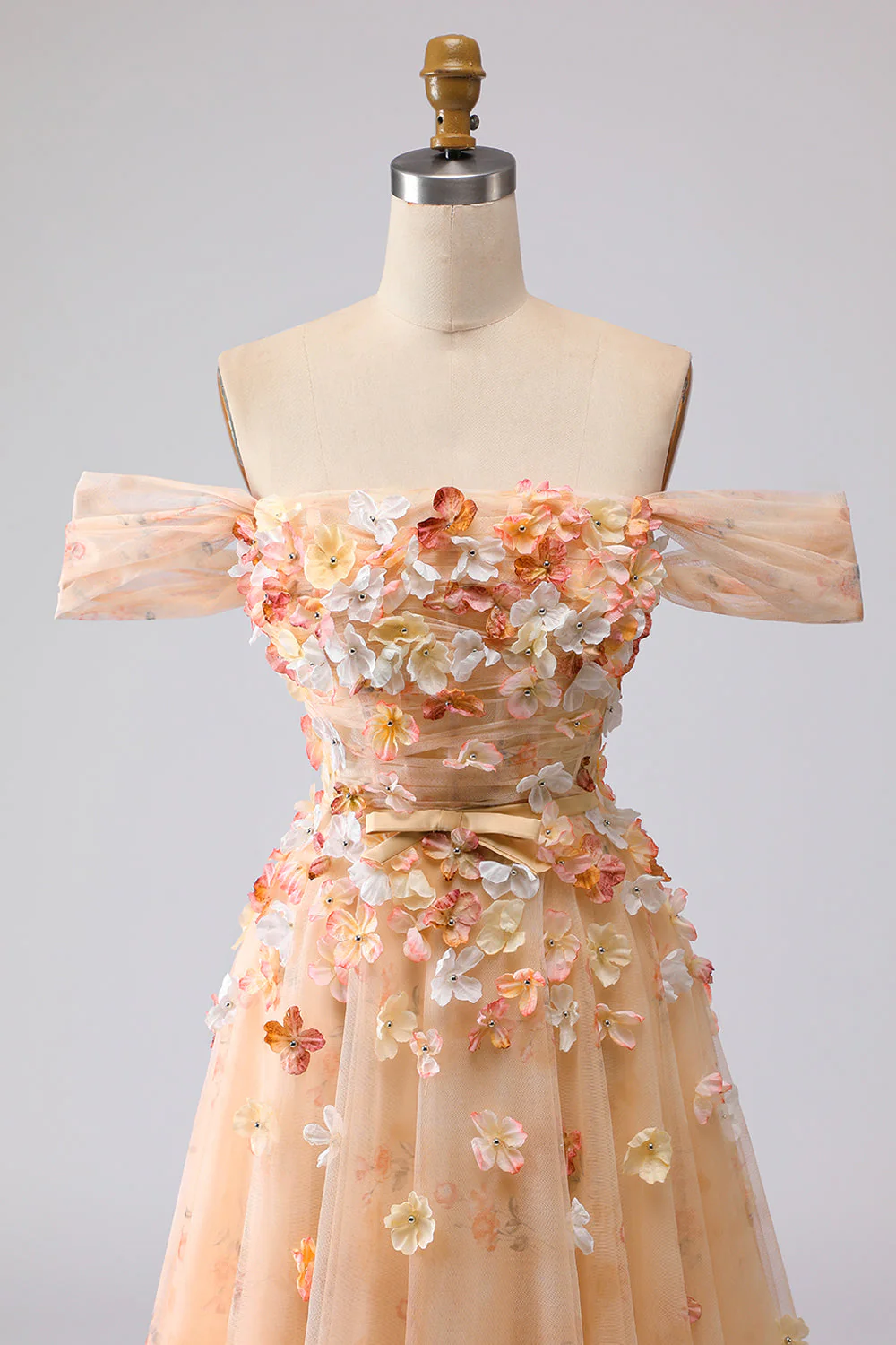 Champagne Off The Shoulder Floral A-Line Convertible Long Prom Dress - Image 8