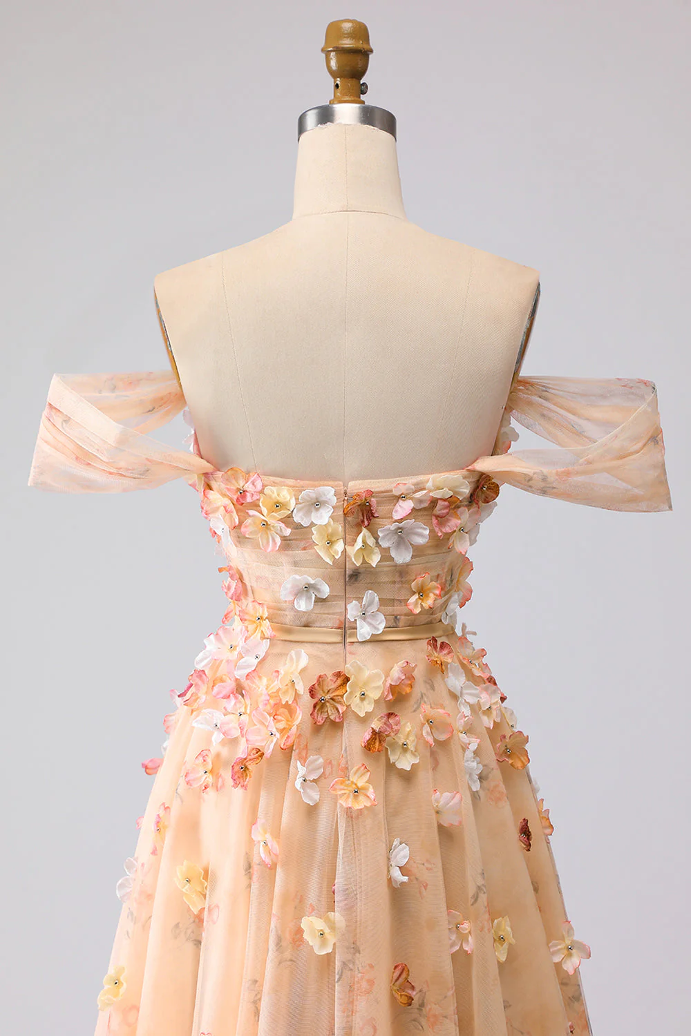 Champagne Off The Shoulder Floral A-Line Convertible Long Prom Dress - Image 9