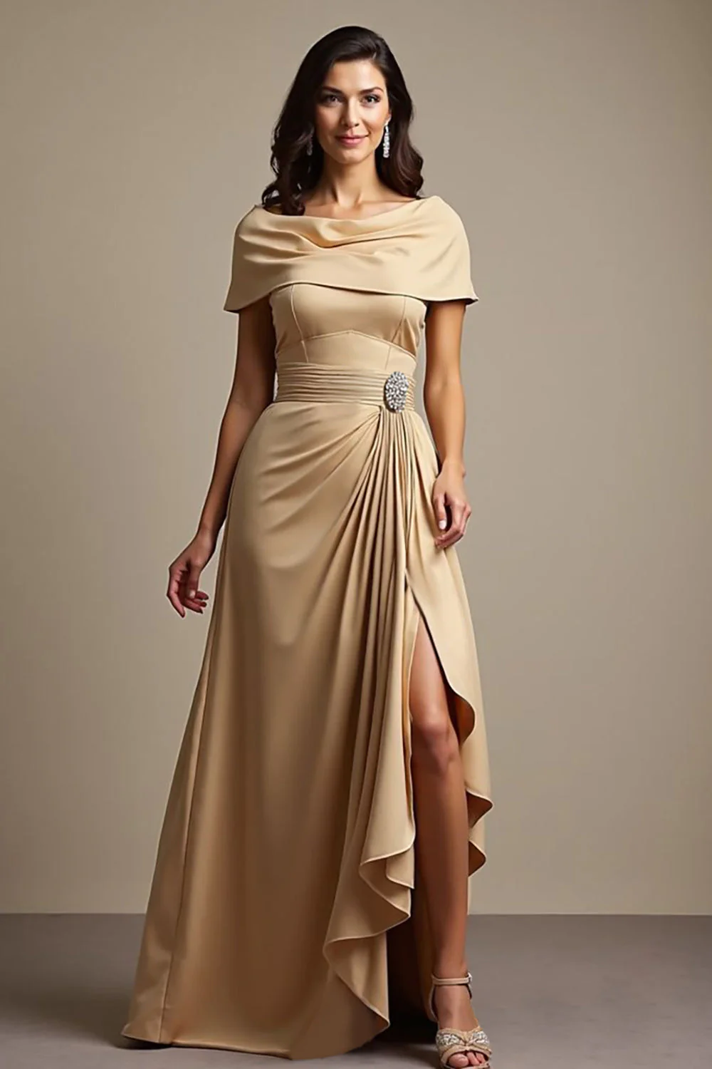 Champagne Off The Shoulder Ruched A Line Choir Dress with Slit - Image 2