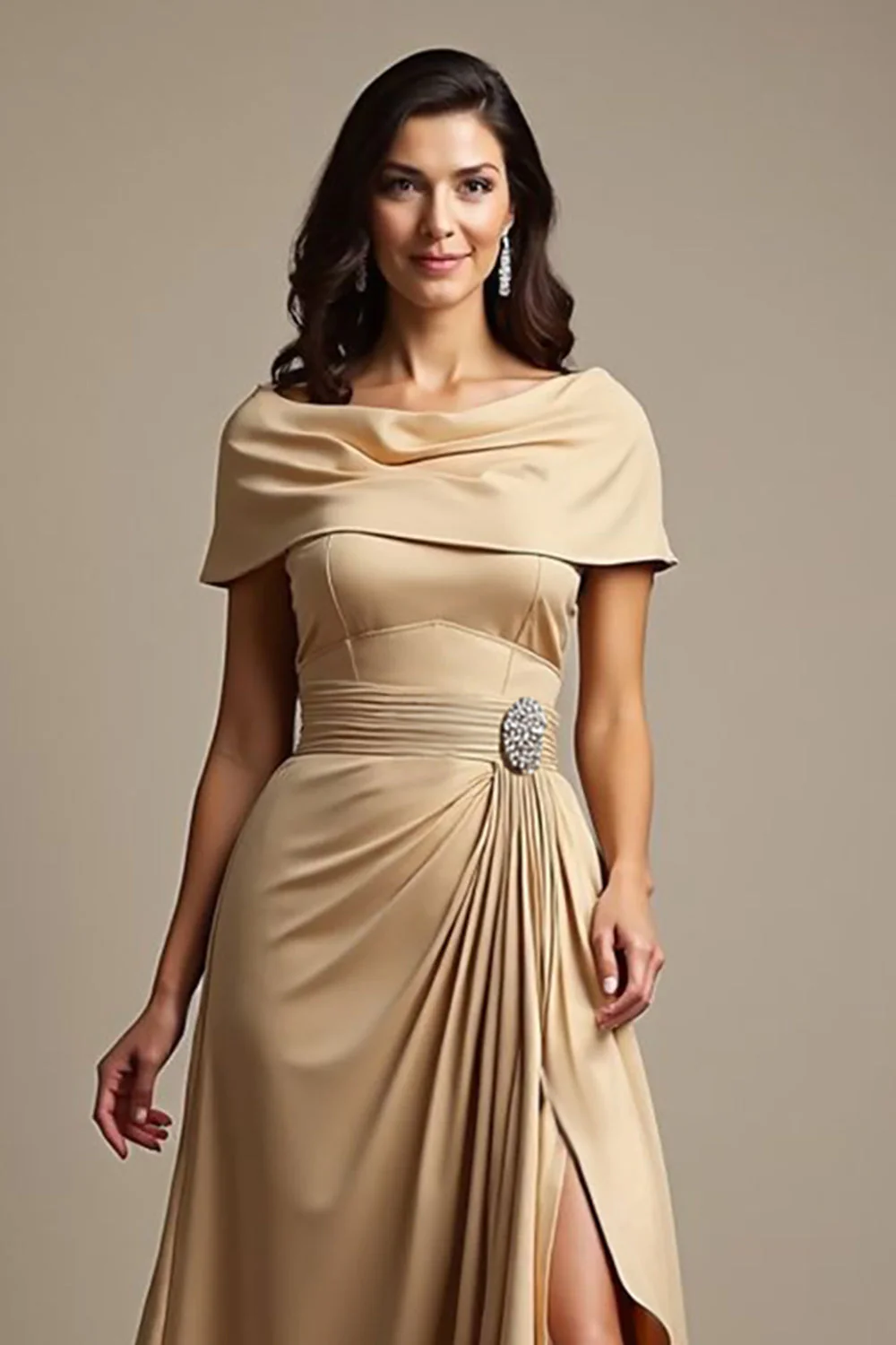 Champagne Off The Shoulder Ruched A Line Choir Dress with Slit - Image 3