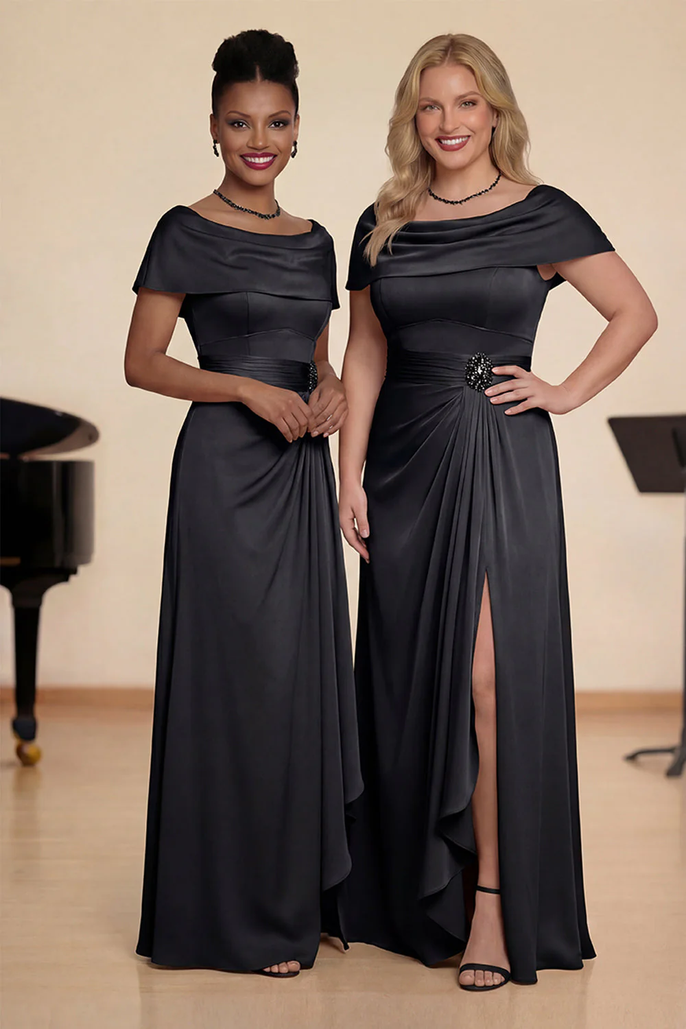 Champagne Off The Shoulder Ruched A Line Choir Dress with Slit - Image 4