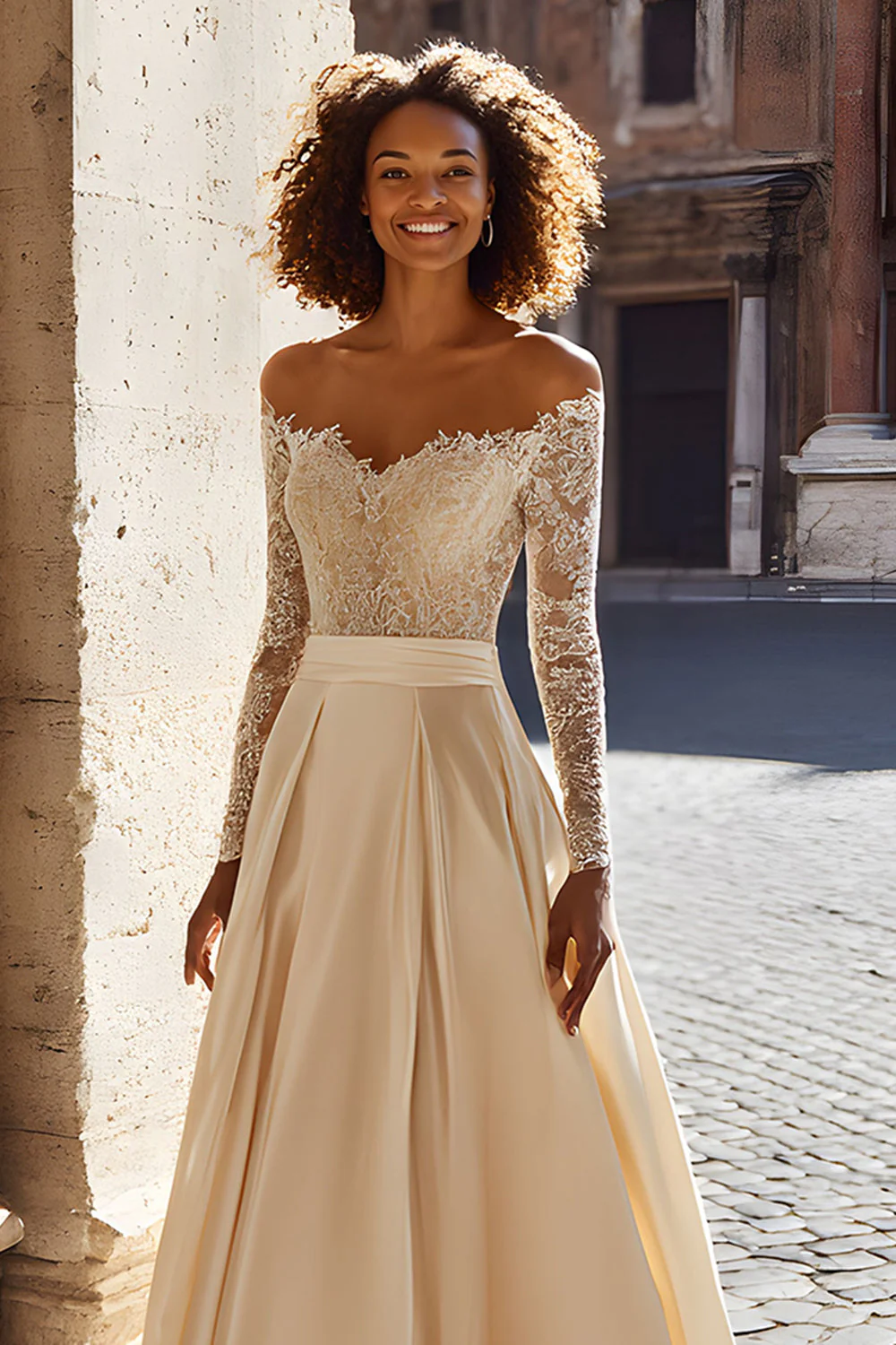 Champagne Off the Shoulder Satin Princess Long Sleeves Sweep Train Wedding Dress with Lace - Image 2
